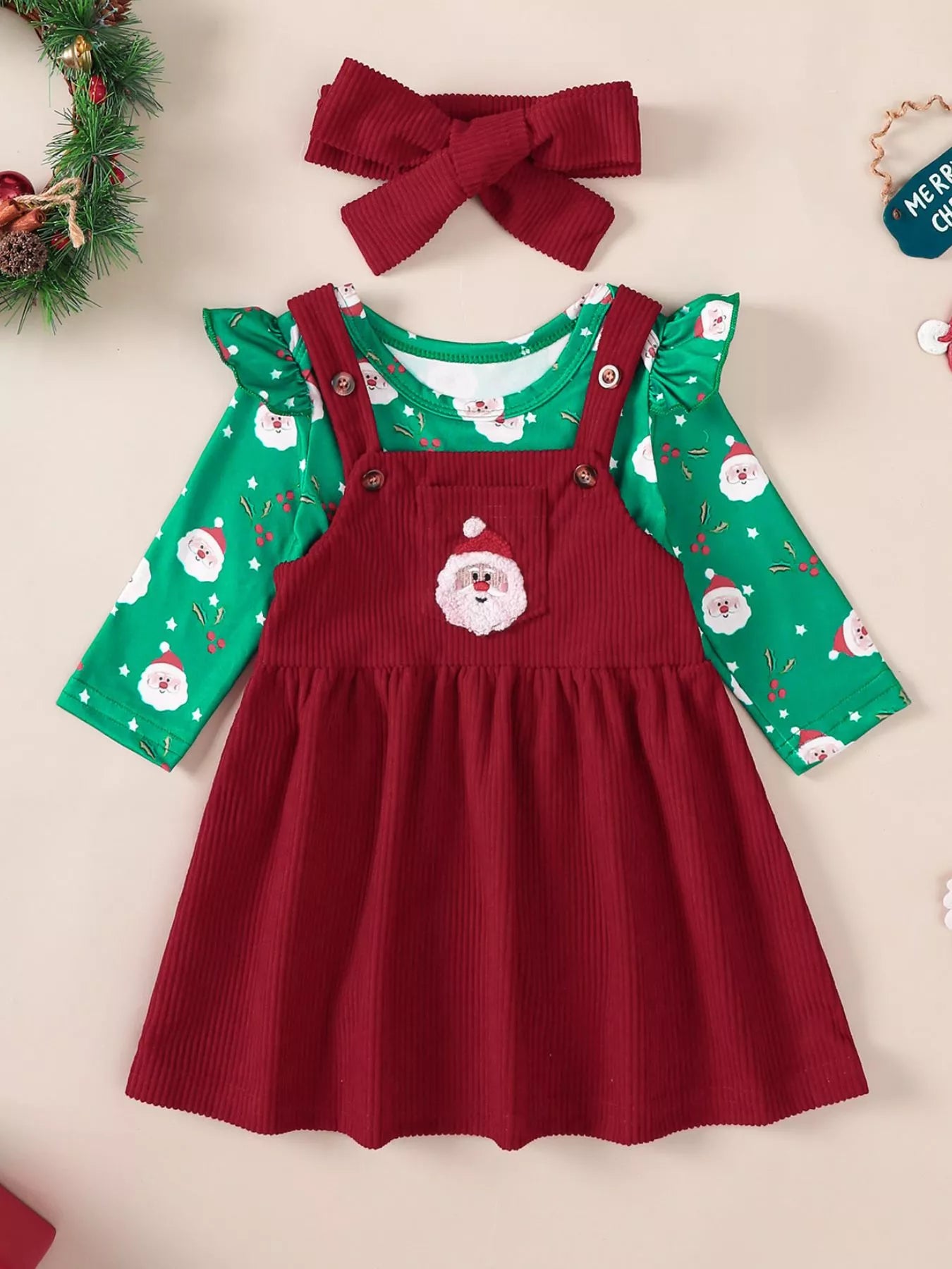 Children's Christmas Bodysuit and Overall Dress Set with Headband