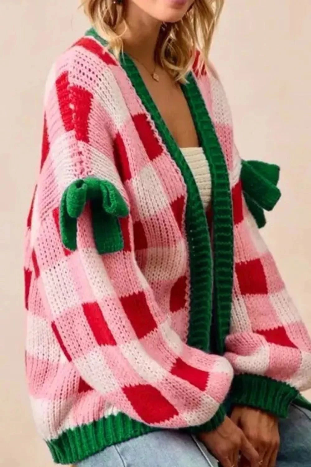 Checkered Bow-Tie Sleeve Knit Christmas Cardigan