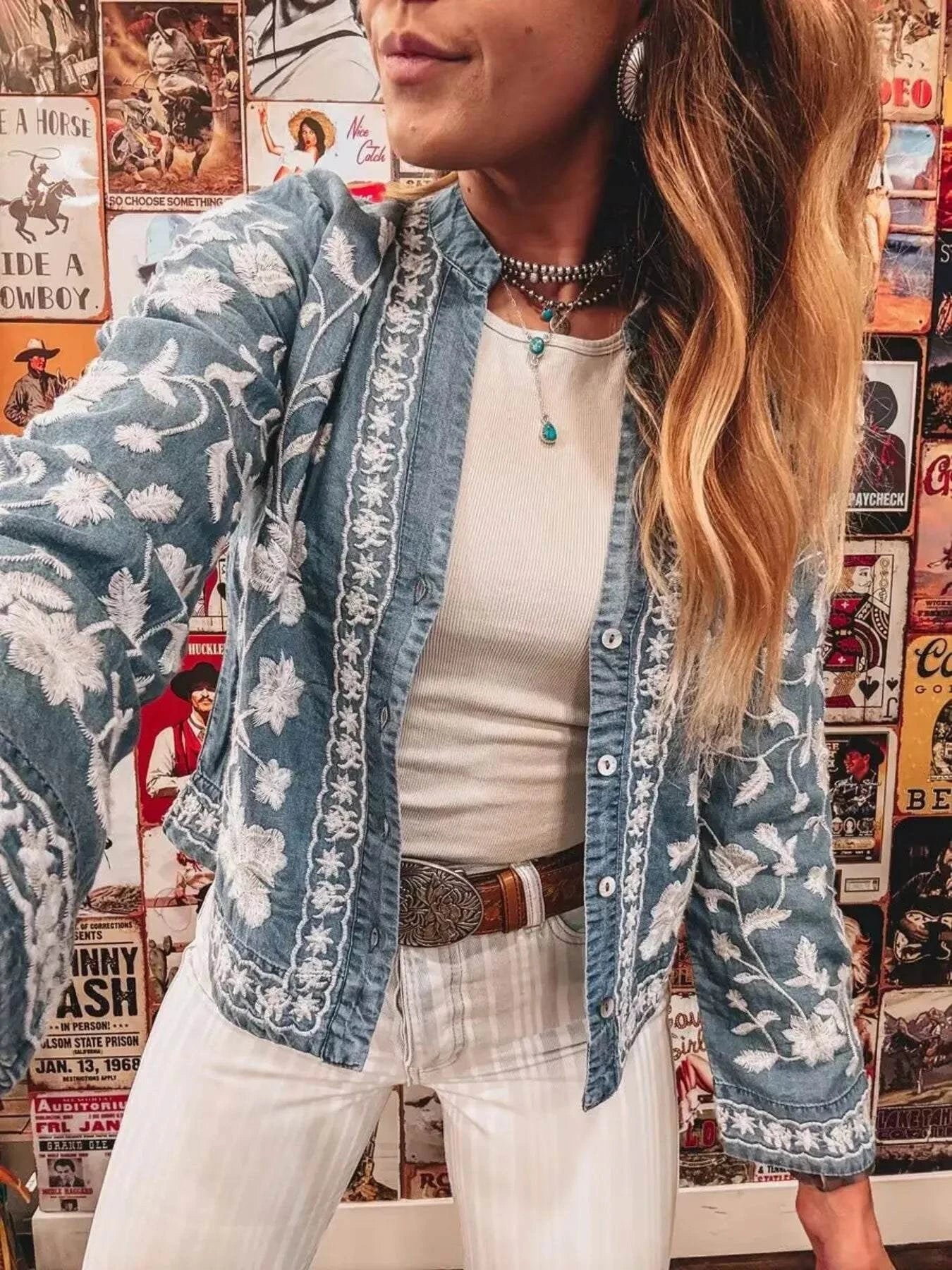 Floral Embroidered Button Up Denim Shirt