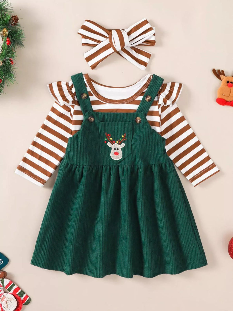 Children's Christmas Bodysuit and Overall Dress Set with Headband