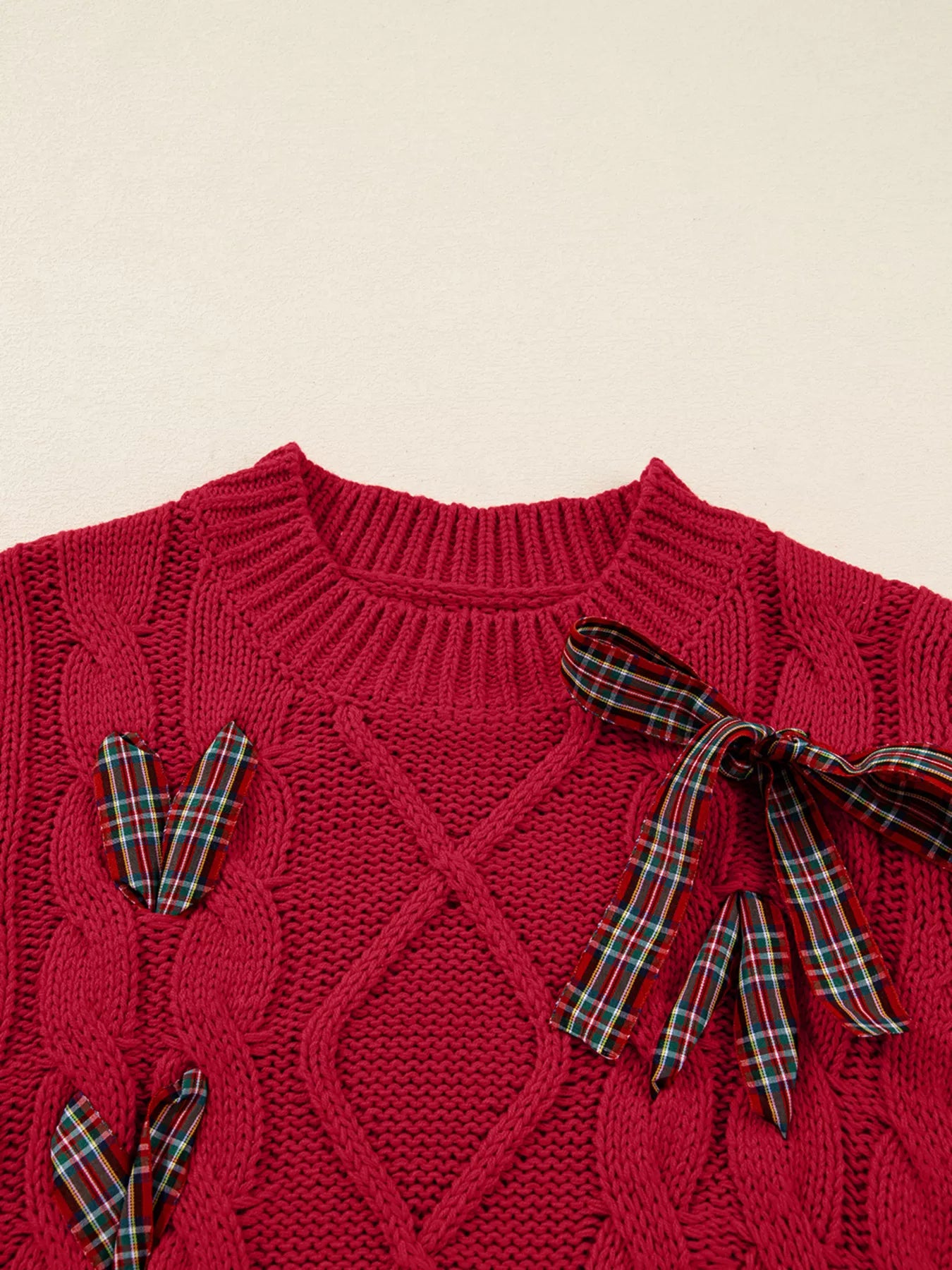 Plaid Lace Up Detail Christmas Holiday Puff Short Sleeve Sweater