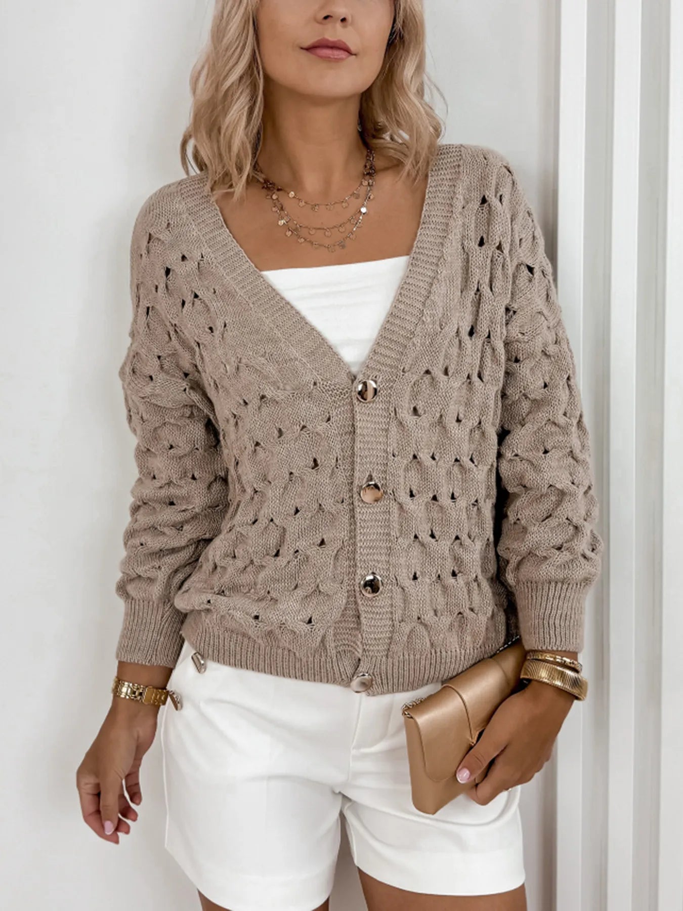 Textured V-Neck Long Sleeve Cardigan
