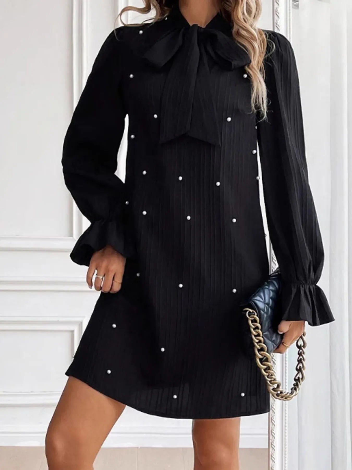 Pearl Embellished Bow Tie Flounce Sleeve Dress