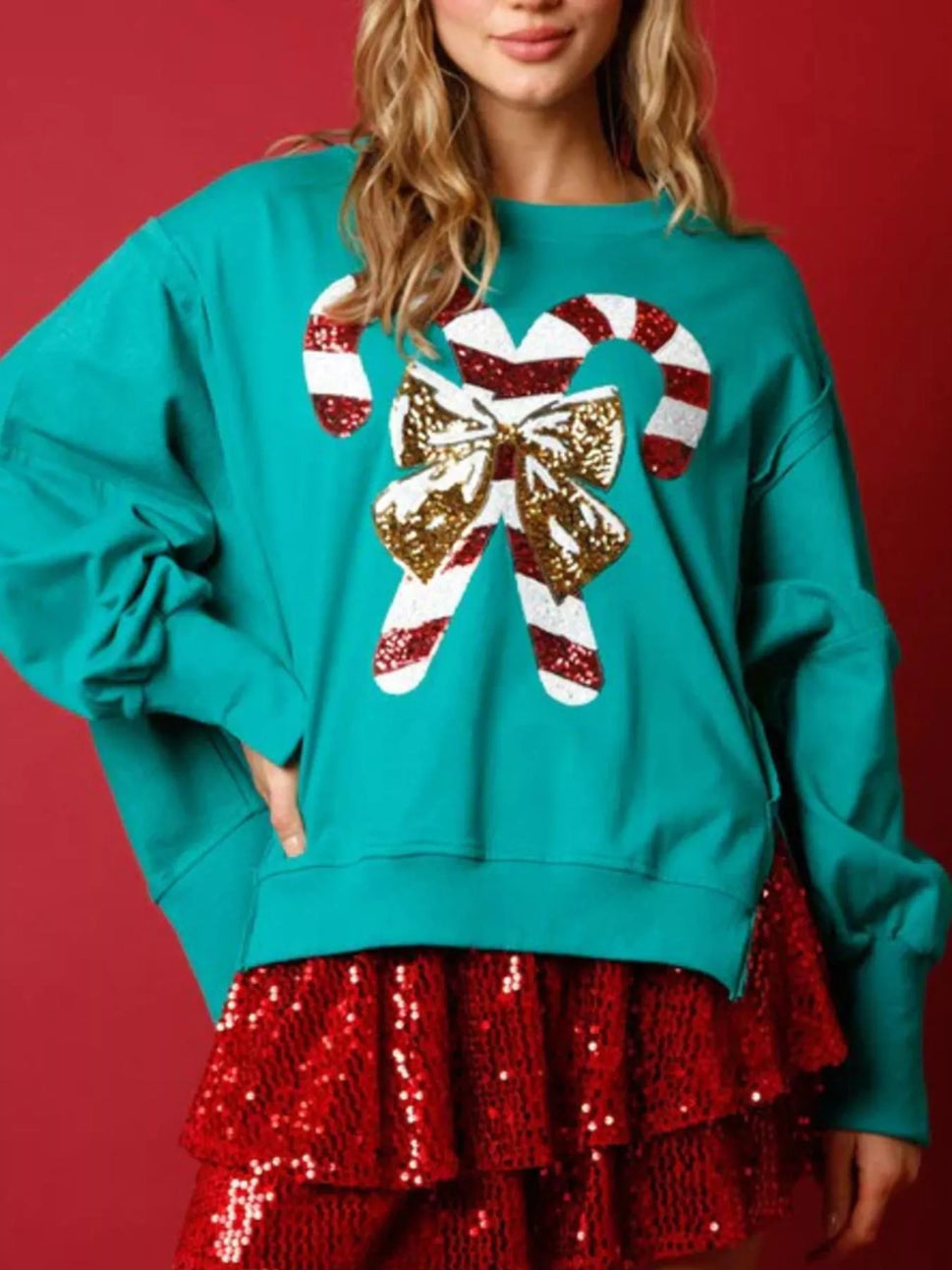 Christmas Candy Cane Bow Dropped Shoulder Sweatshirt