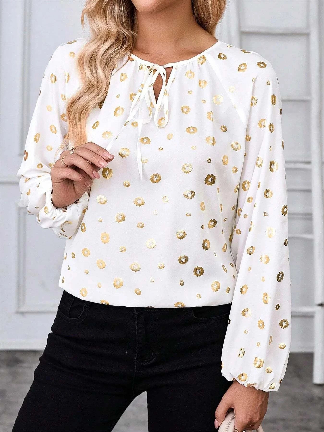 Printed Tie Neck Long Sleeve Blouse