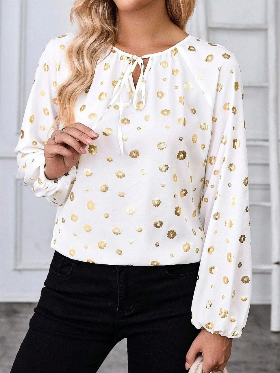 Printed Tie Neck Long Sleeve Blouse