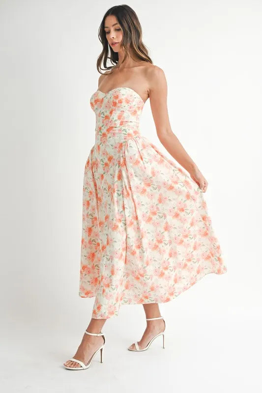 MABLE Sweetheart Neckline Floral Printed Midi Dress