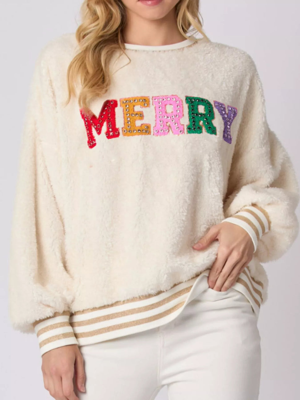Rhinestone Merry Christmas Round Neck Sweatshirt