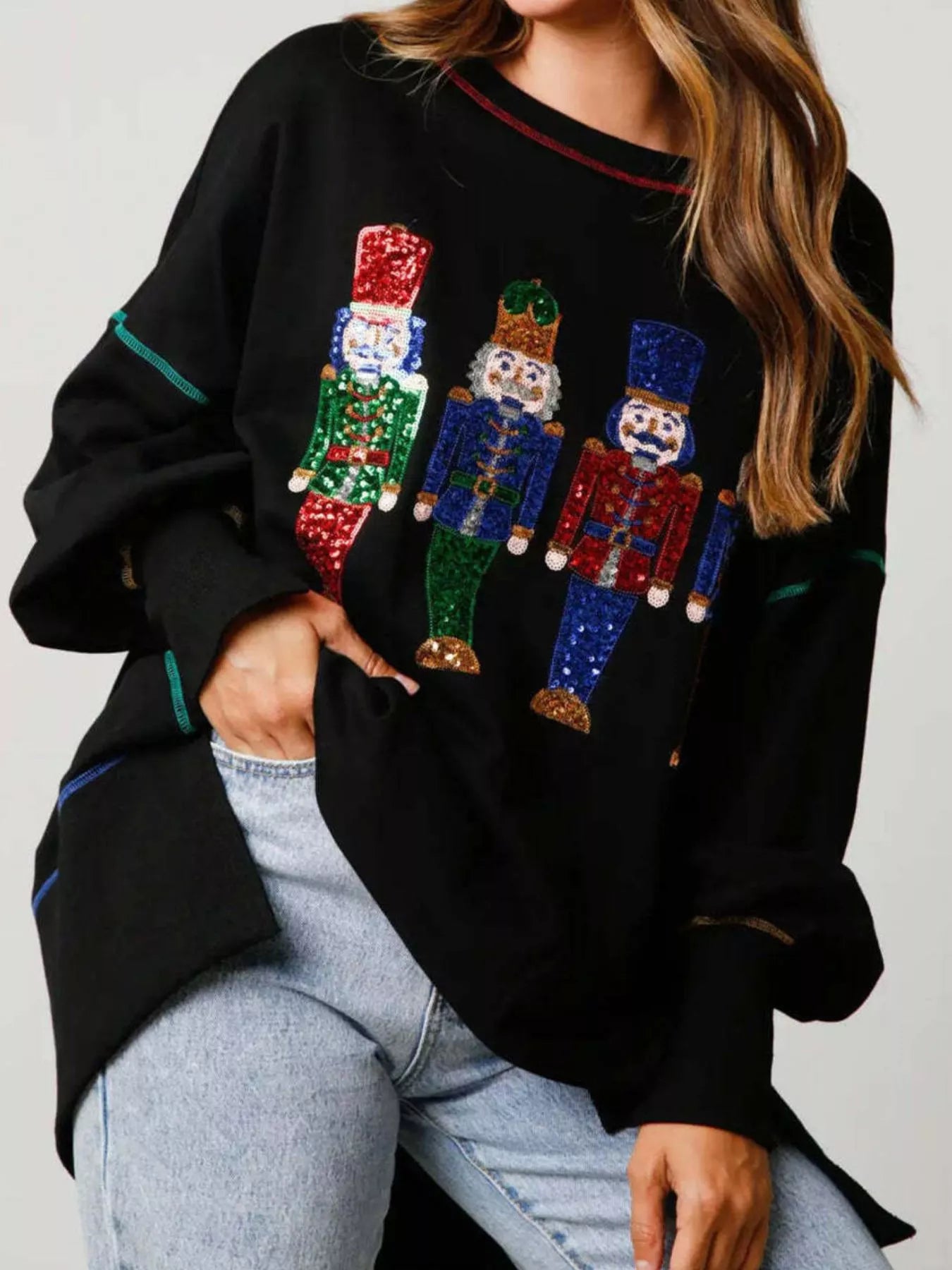 Christmas Nutcracker Sequin Round Neck Sweatshirt