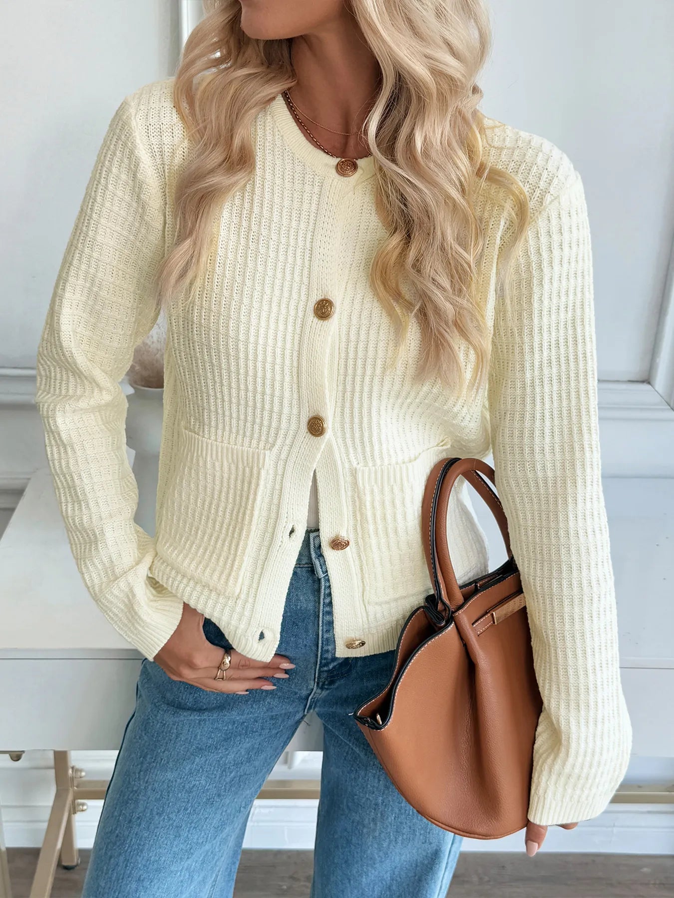 Button-Up Long Sleeve Cardigan with Pockets