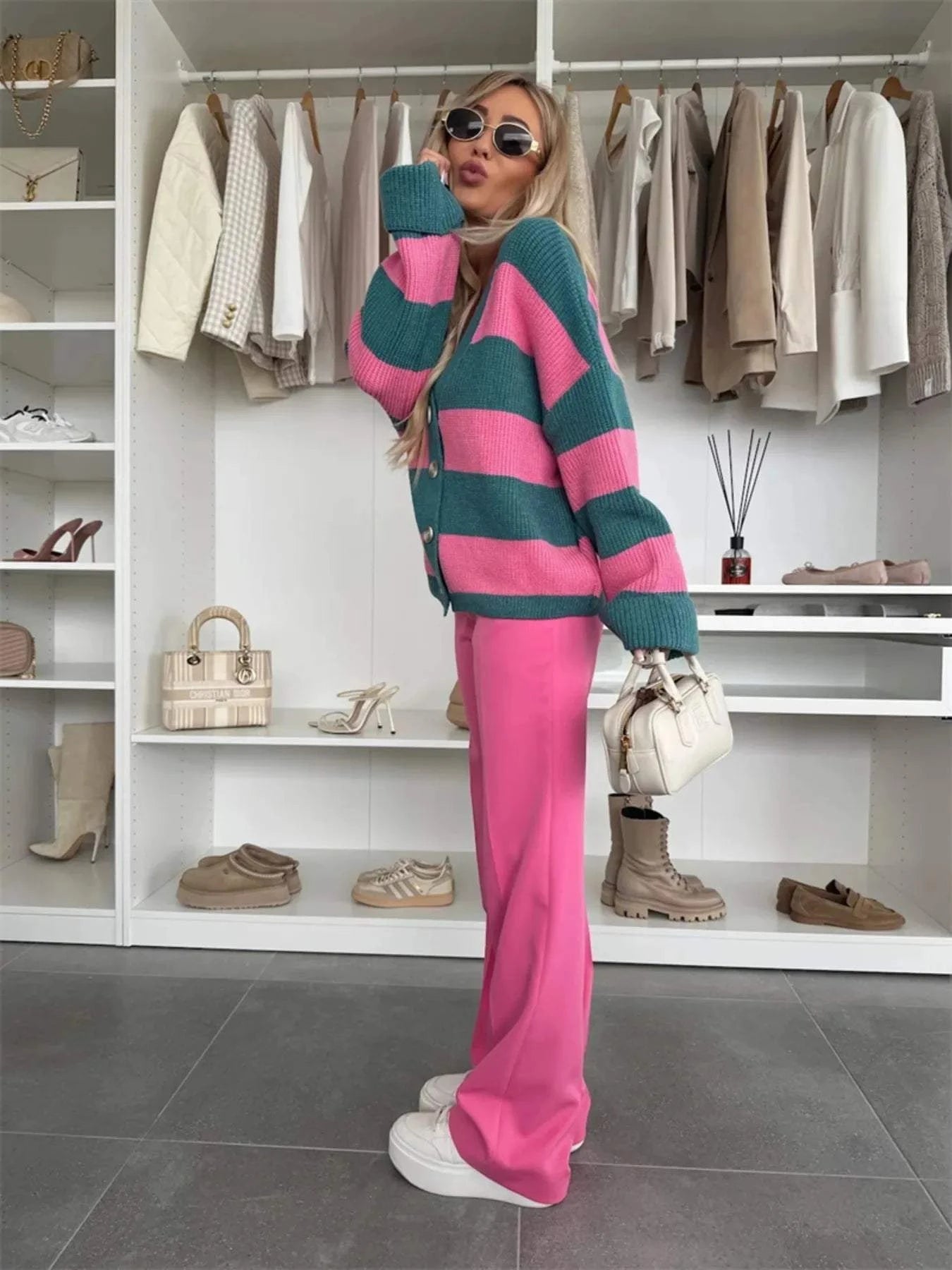 Color Block Striped V-Neck Button Front Cardigan
