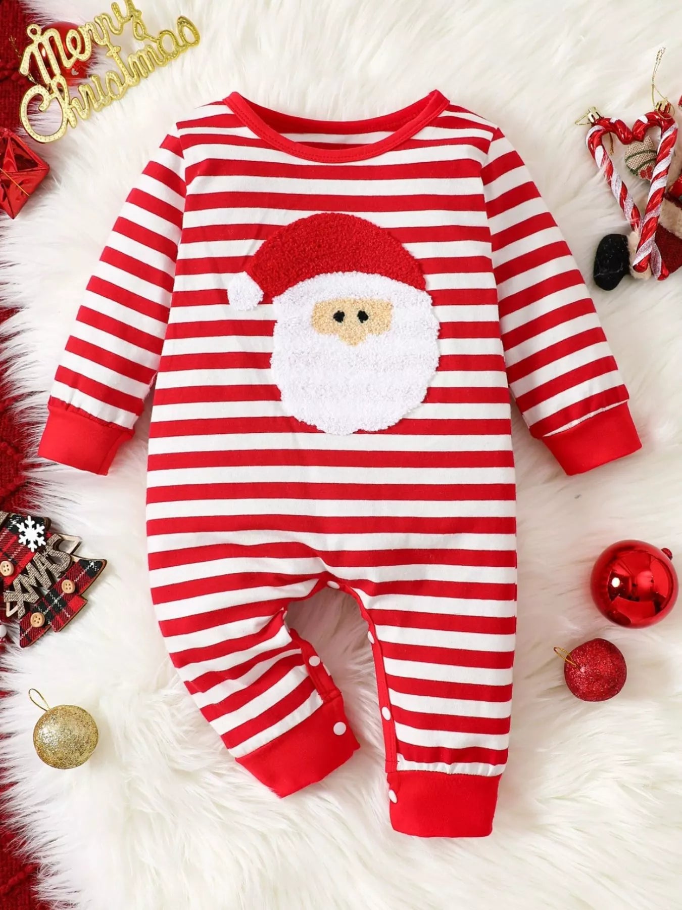 Children's Christmas Santa Striped Snapped Legs Jumpsuit