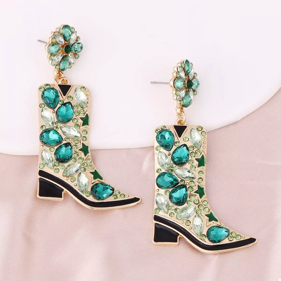 Western Boot Dangle Earrings with Rhinestones