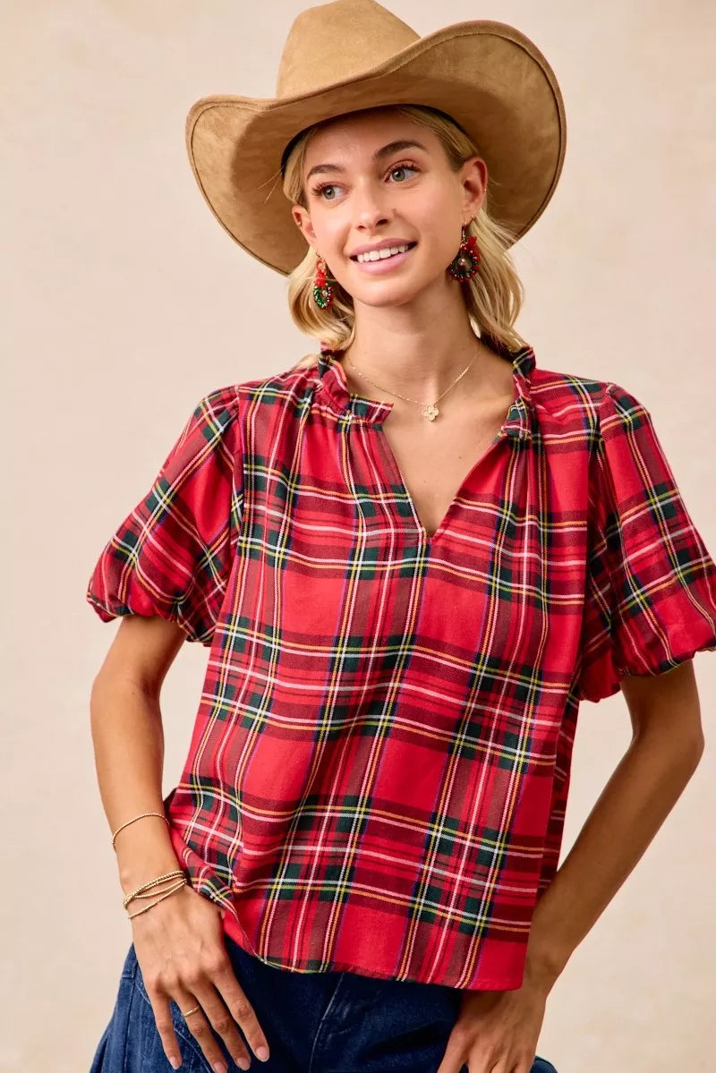 BiBi Christmas Plaid Short Sleeves Ruffled Blouse