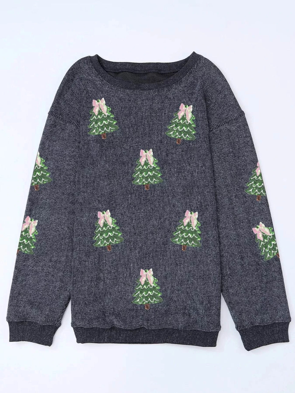 Ribbed Round Neck Sequin Christmas Tree Patched Baggy Sweatshirt