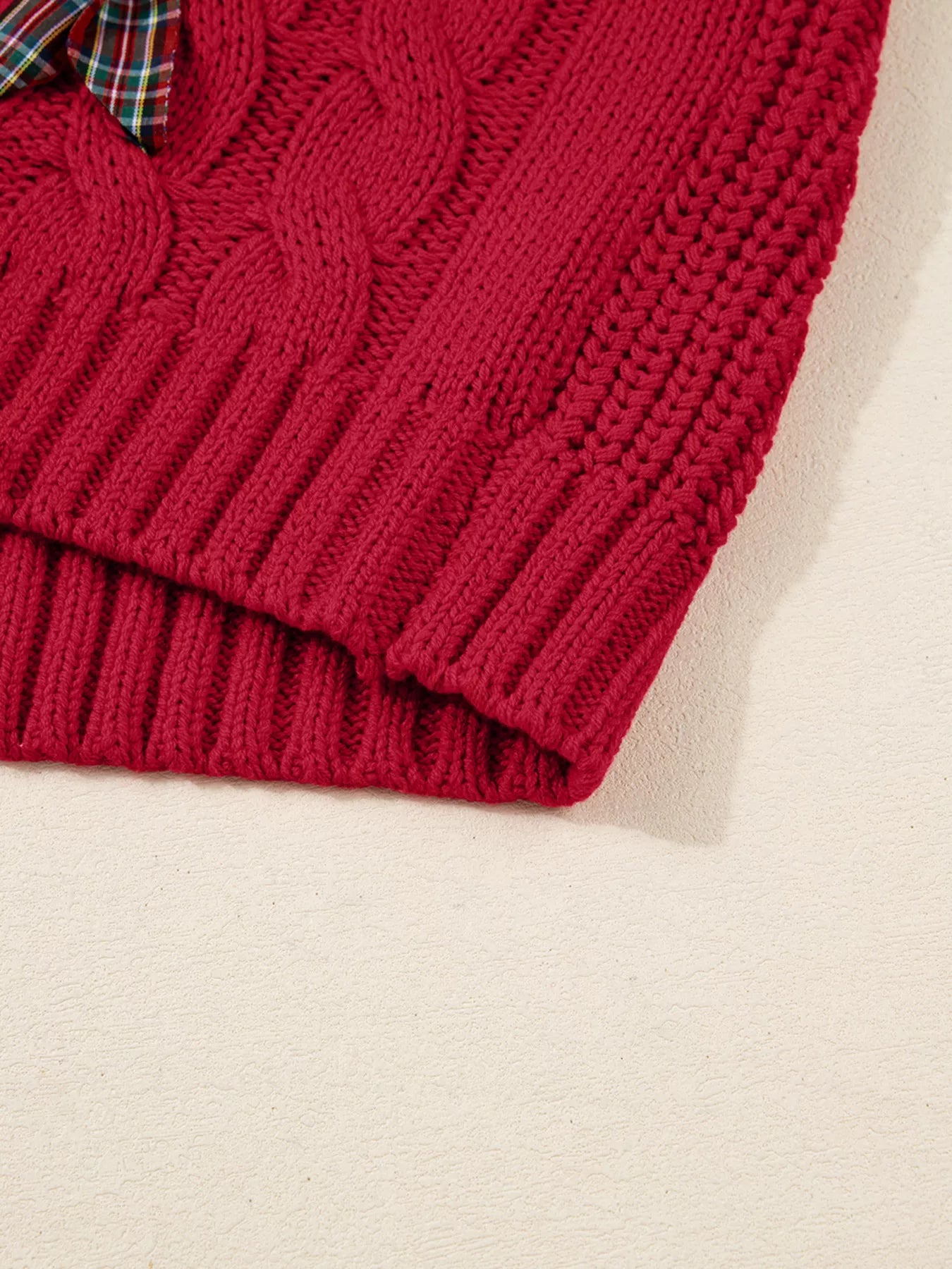 Plaid Lace Up Detail Christmas Holiday Puff Short Sleeve Sweater