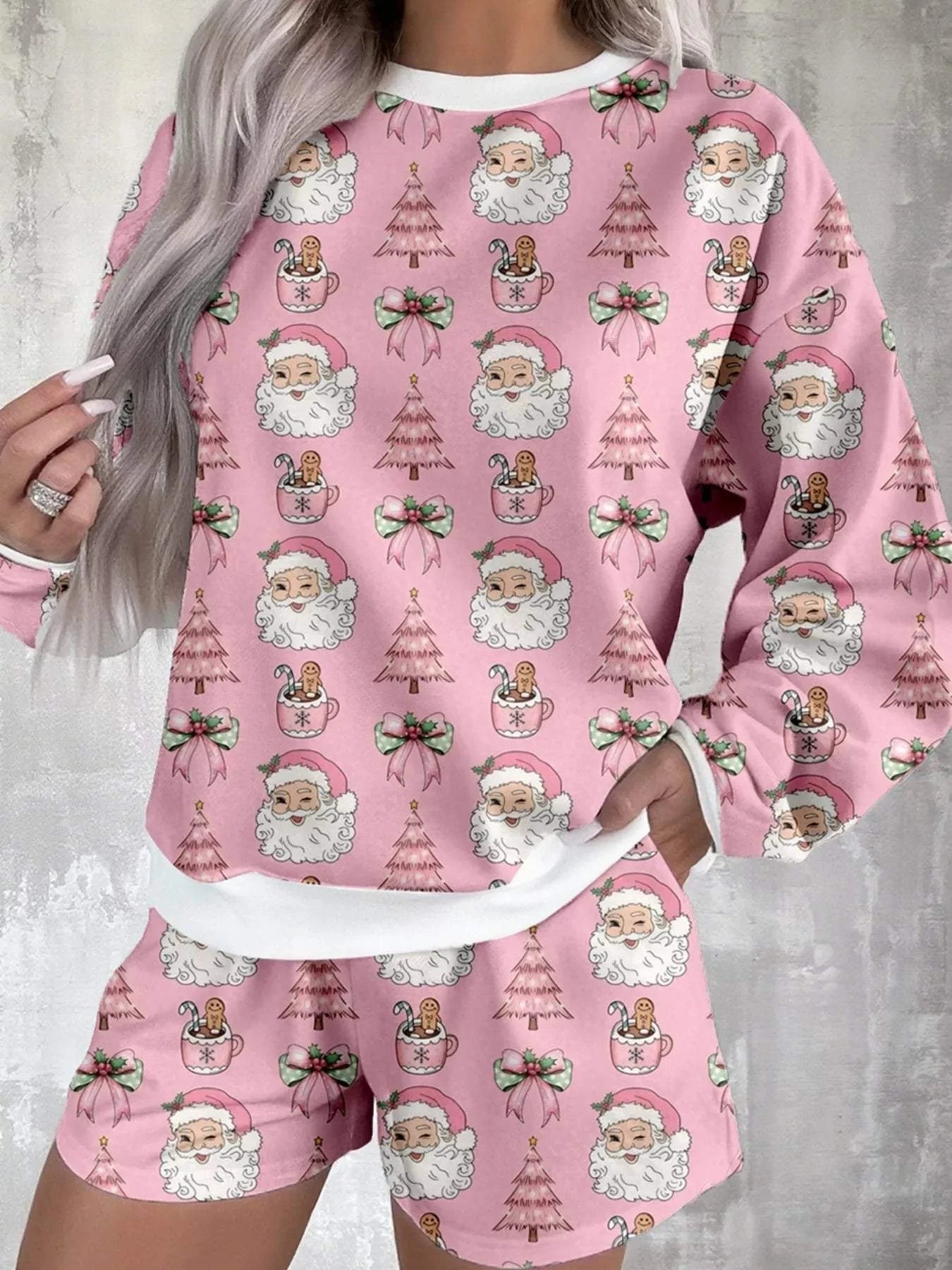 Christmas Santa Print Round Neck Top and Shorts Lounge Set