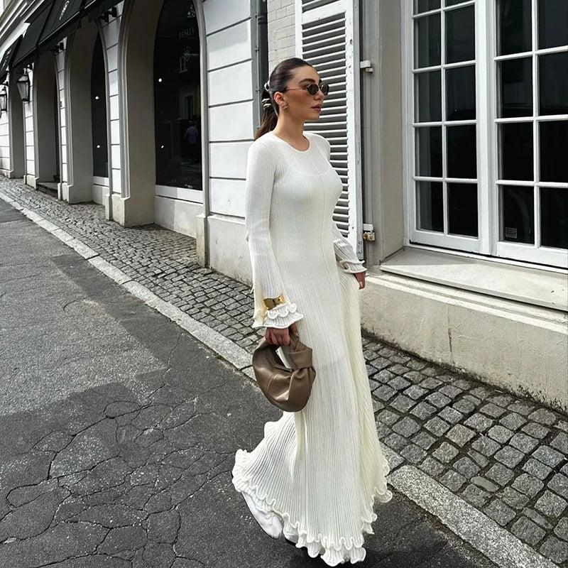 Elegant White Ruffle Pleated Long Dress