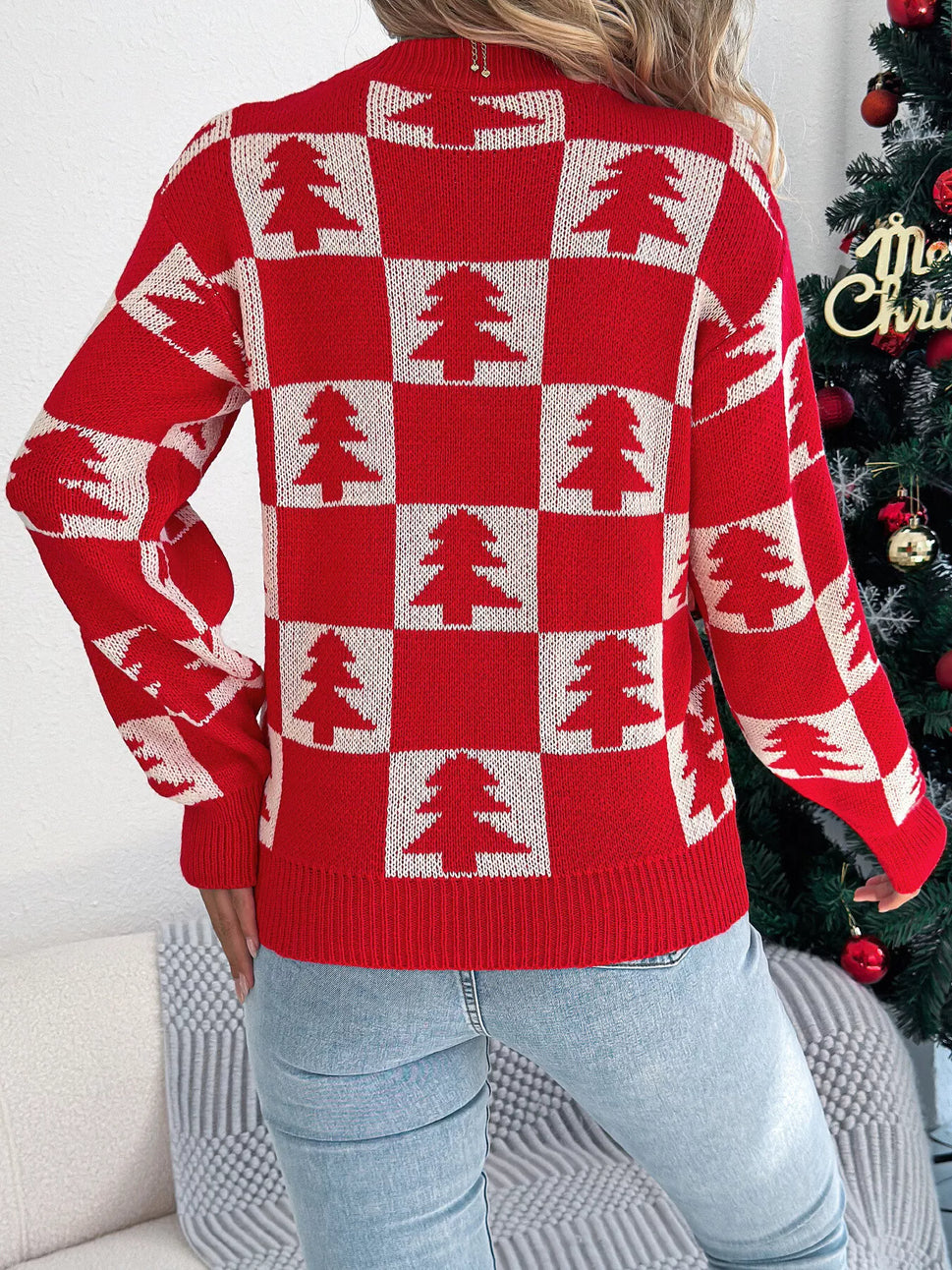 Christmas Tree Checkerboard Pattern Sweater