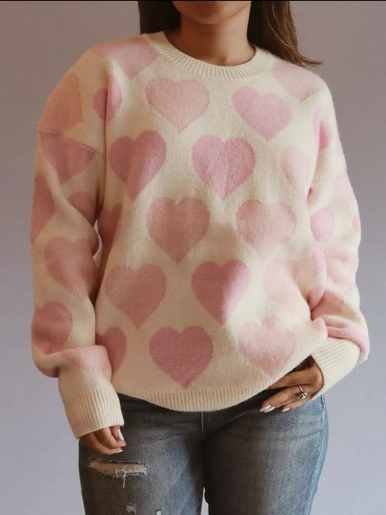 Heart Ribbed Hem Long Sleeve Sweater