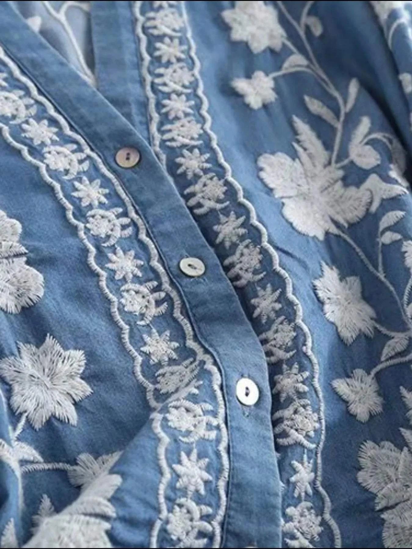 Floral Embroidered Button Up Denim Shirt