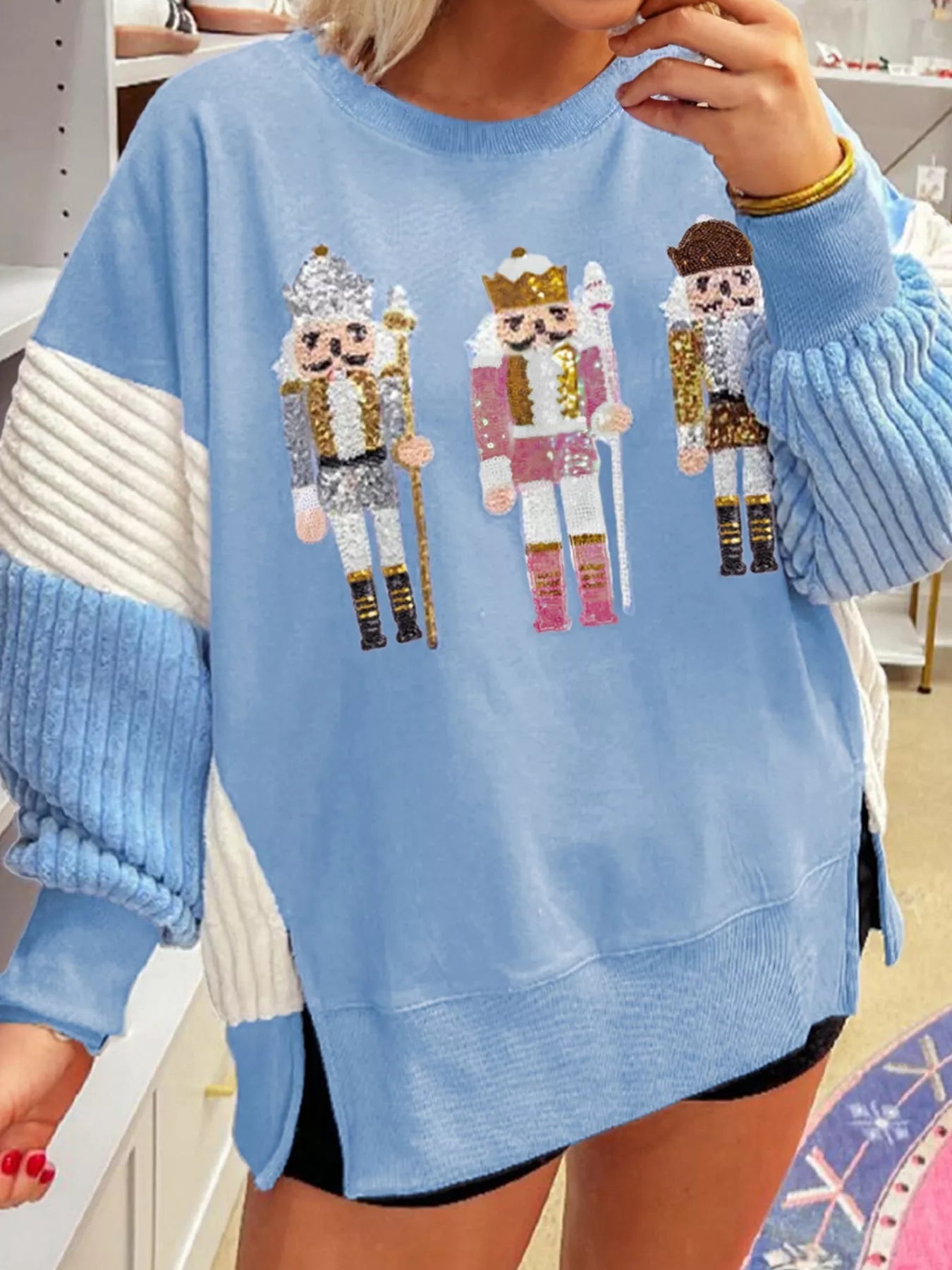 Christmas Sequin Nutcracker Textured Sleeve Patchwork Color Block Sweatshirt