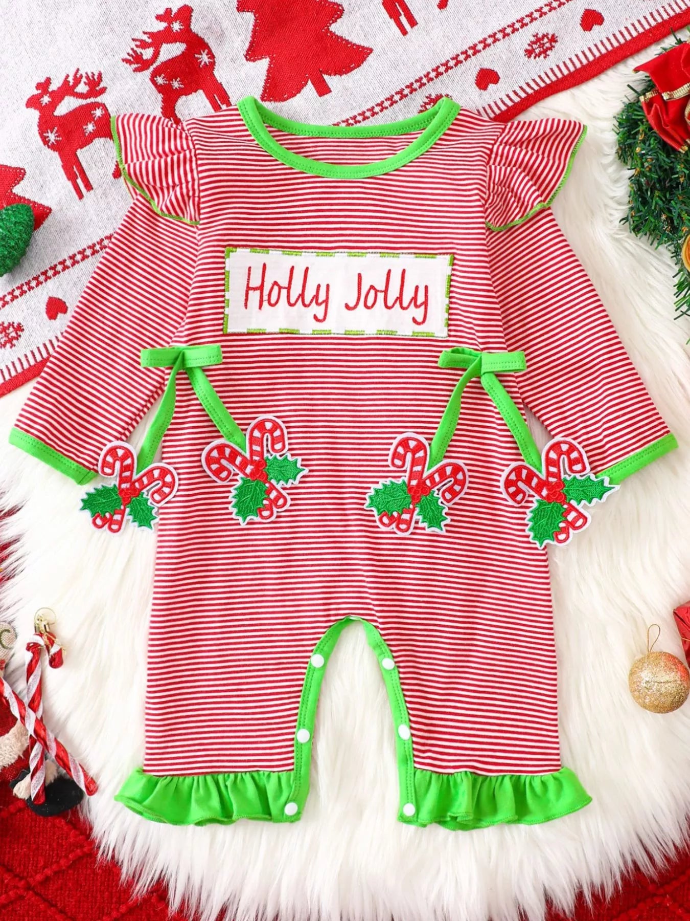 Children's Christmas-Themed Striped Snapped Legs Jumpsuit