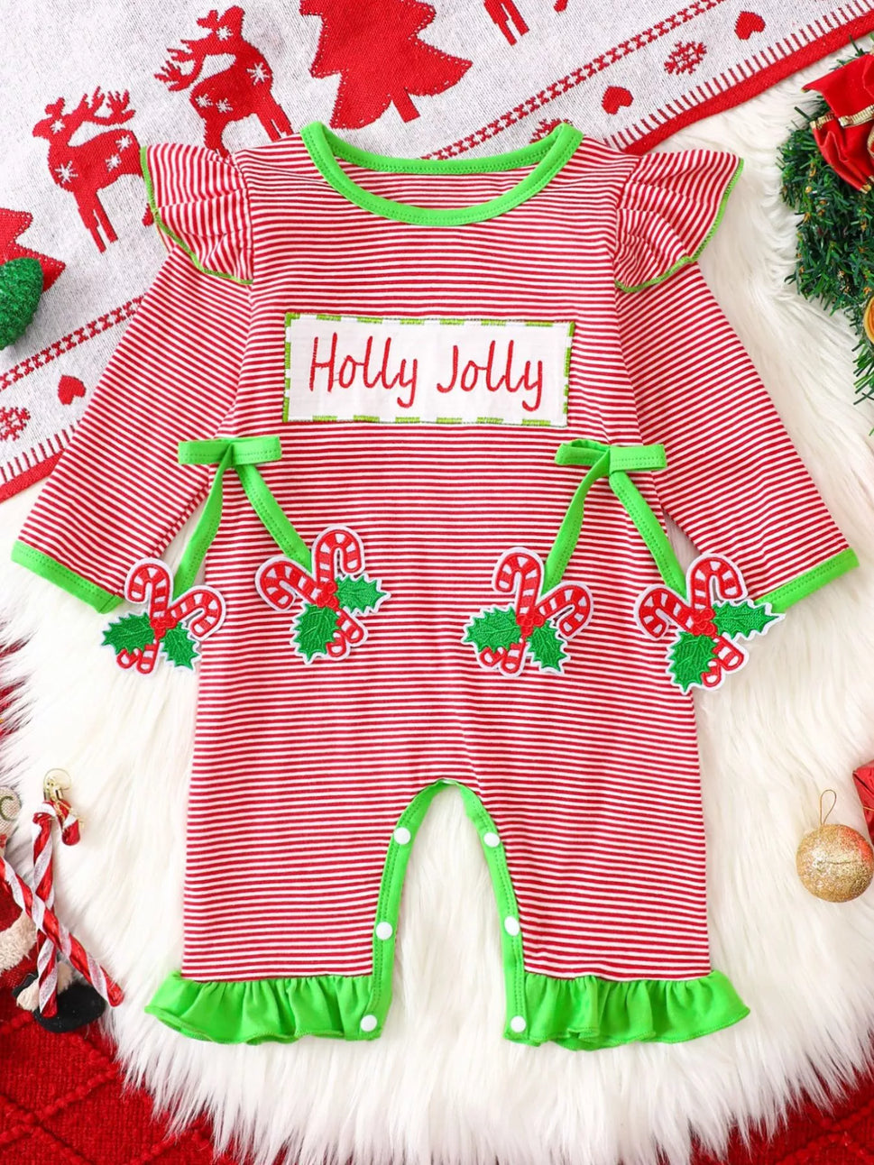 Children's Christmas-Themed Striped Snapped Legs Jumpsuit