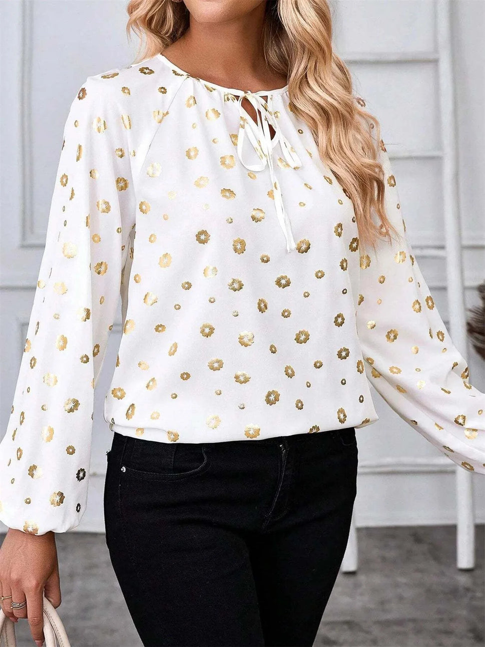 Printed Tie Neck Long Sleeve Blouse