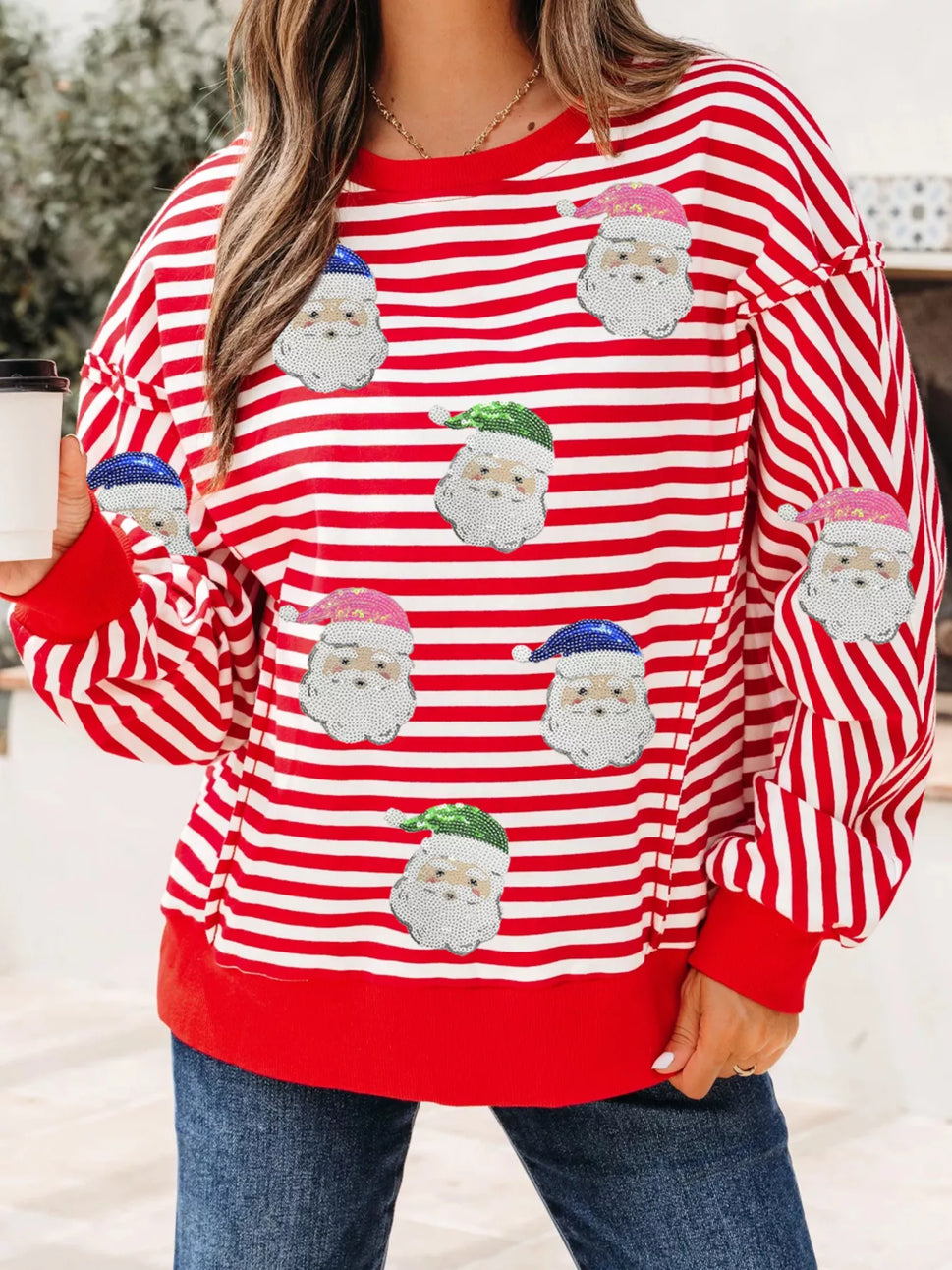 Stripe Sequin Santa Round Neck Raw Seam Detail Christmas Long Sleeve Top