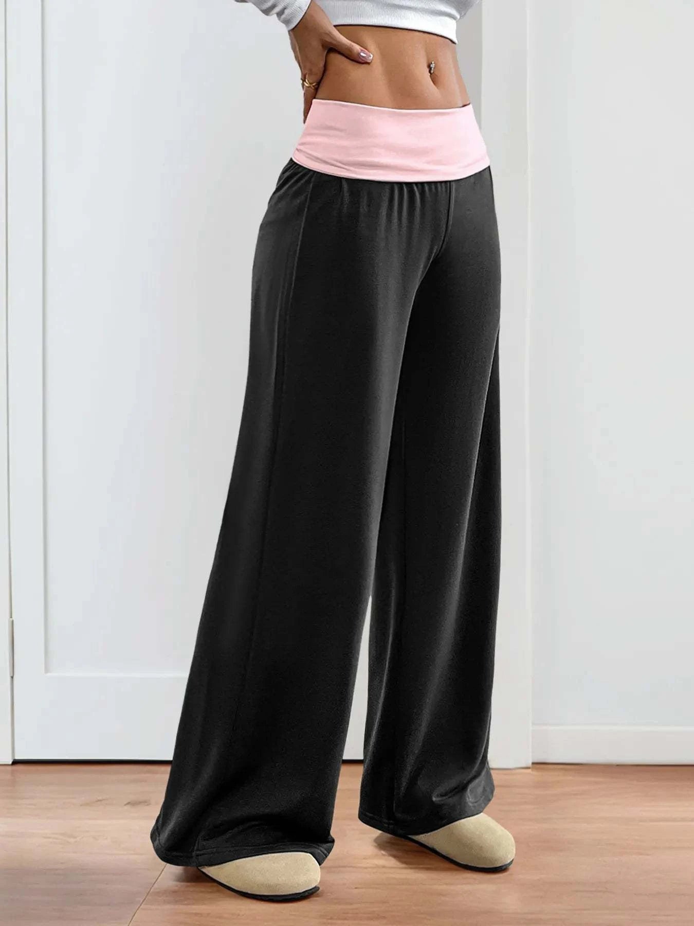 Contrast Waistband Wide Leg Pants