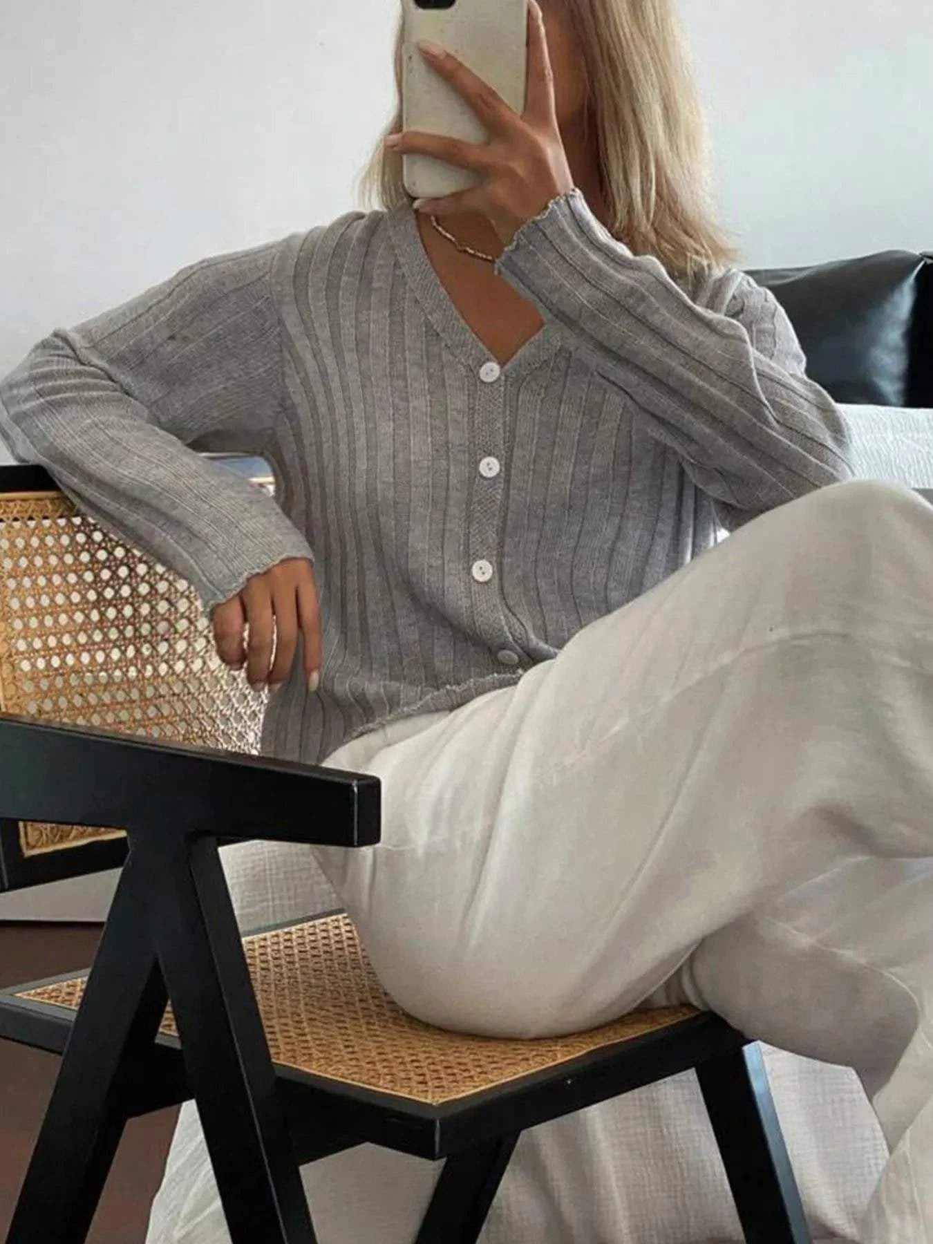 Ribbed Button-Up V-Neck Cardigan