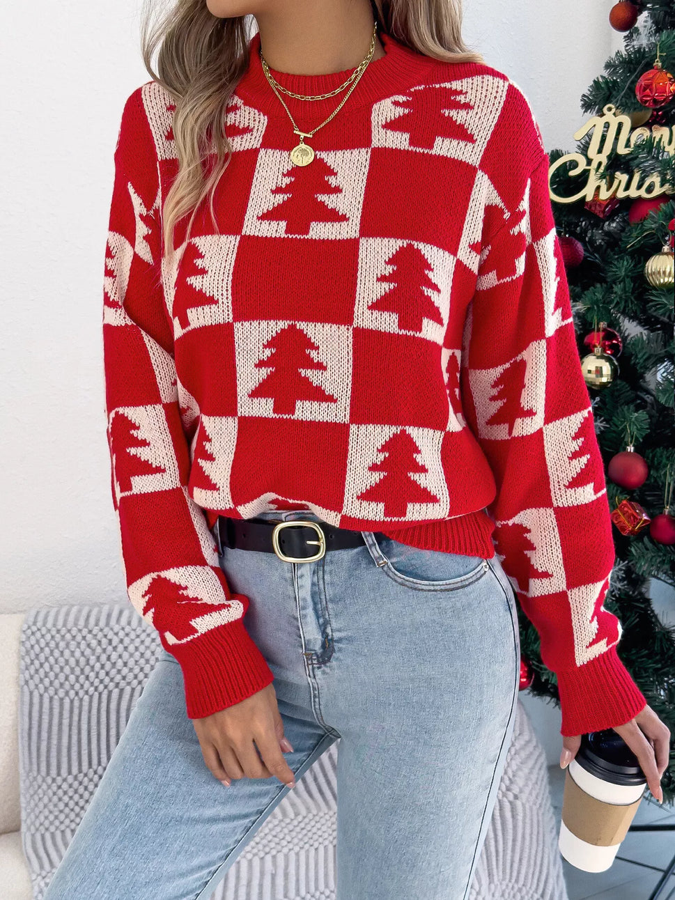 Christmas Tree Checkerboard Pattern Sweater