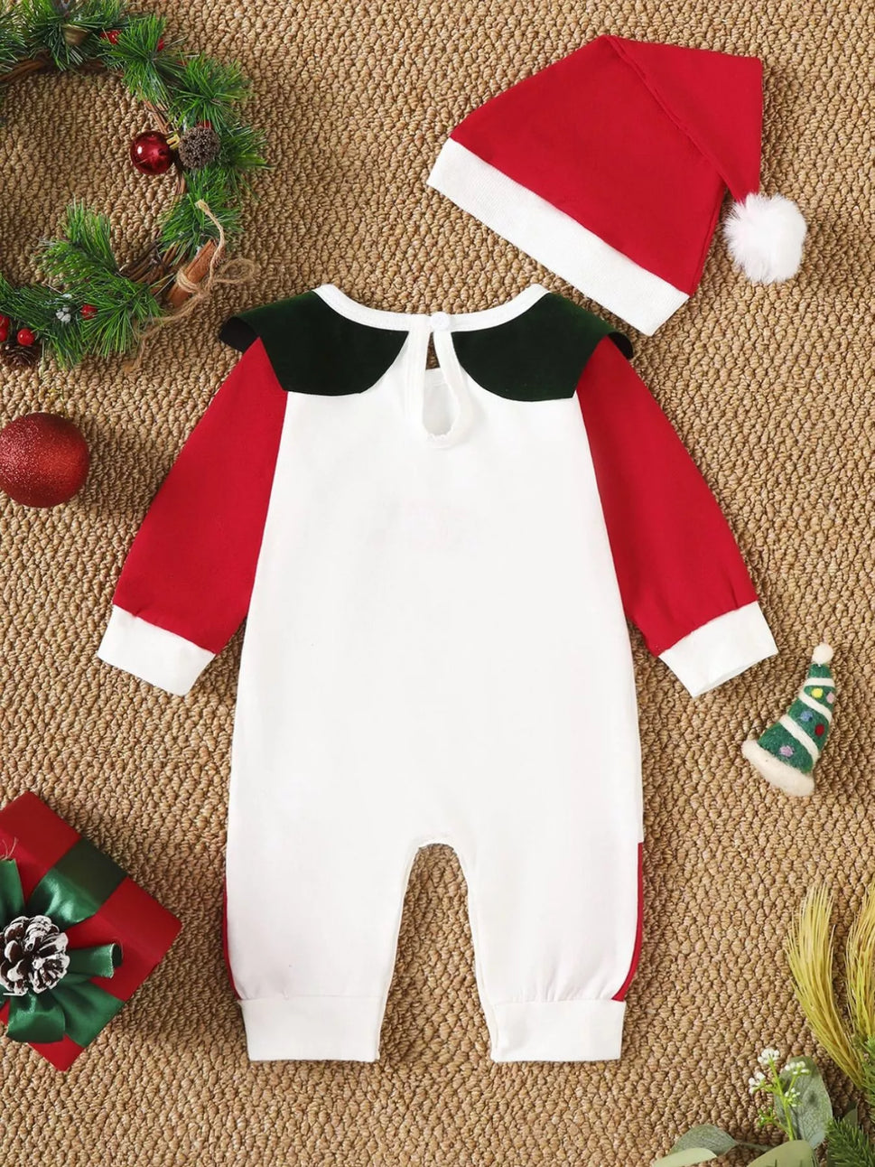 Children's 2-Piece Christmas-Themed Set with Jumpsuit and Santa Claus Hat
