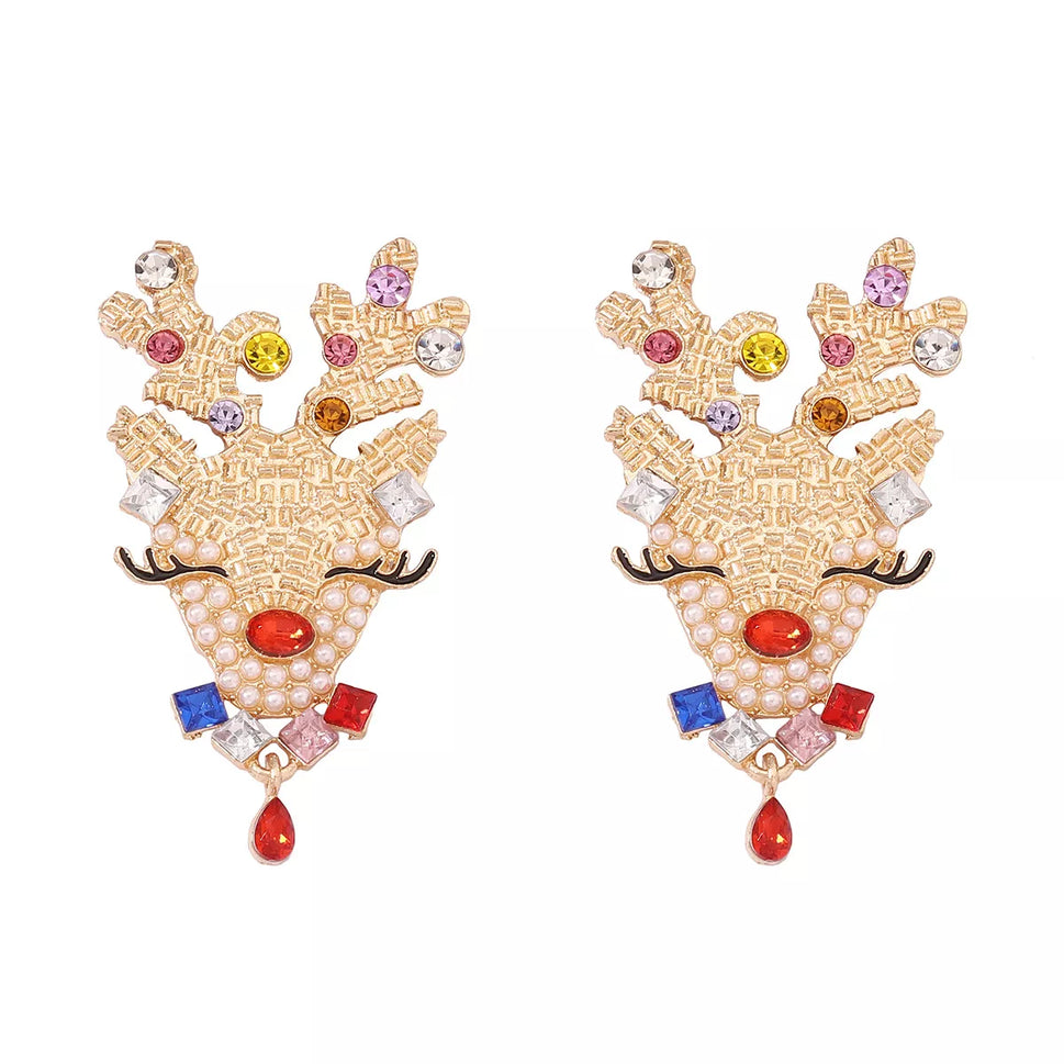 Christmas Reindeer Earrings with Colorful Rhinestones