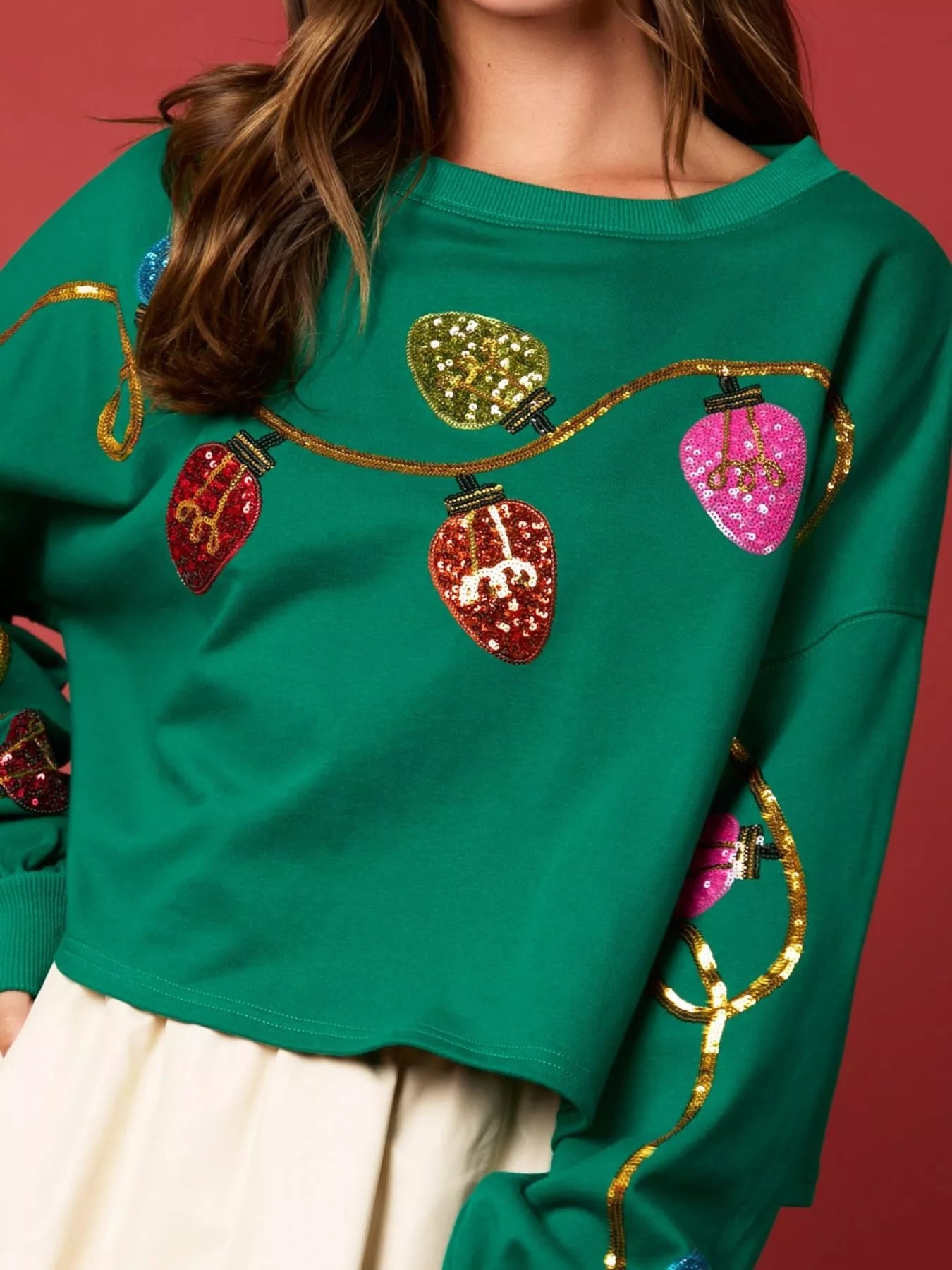 Christmas Holiday Lights Sequin Embellished Sweatshirt