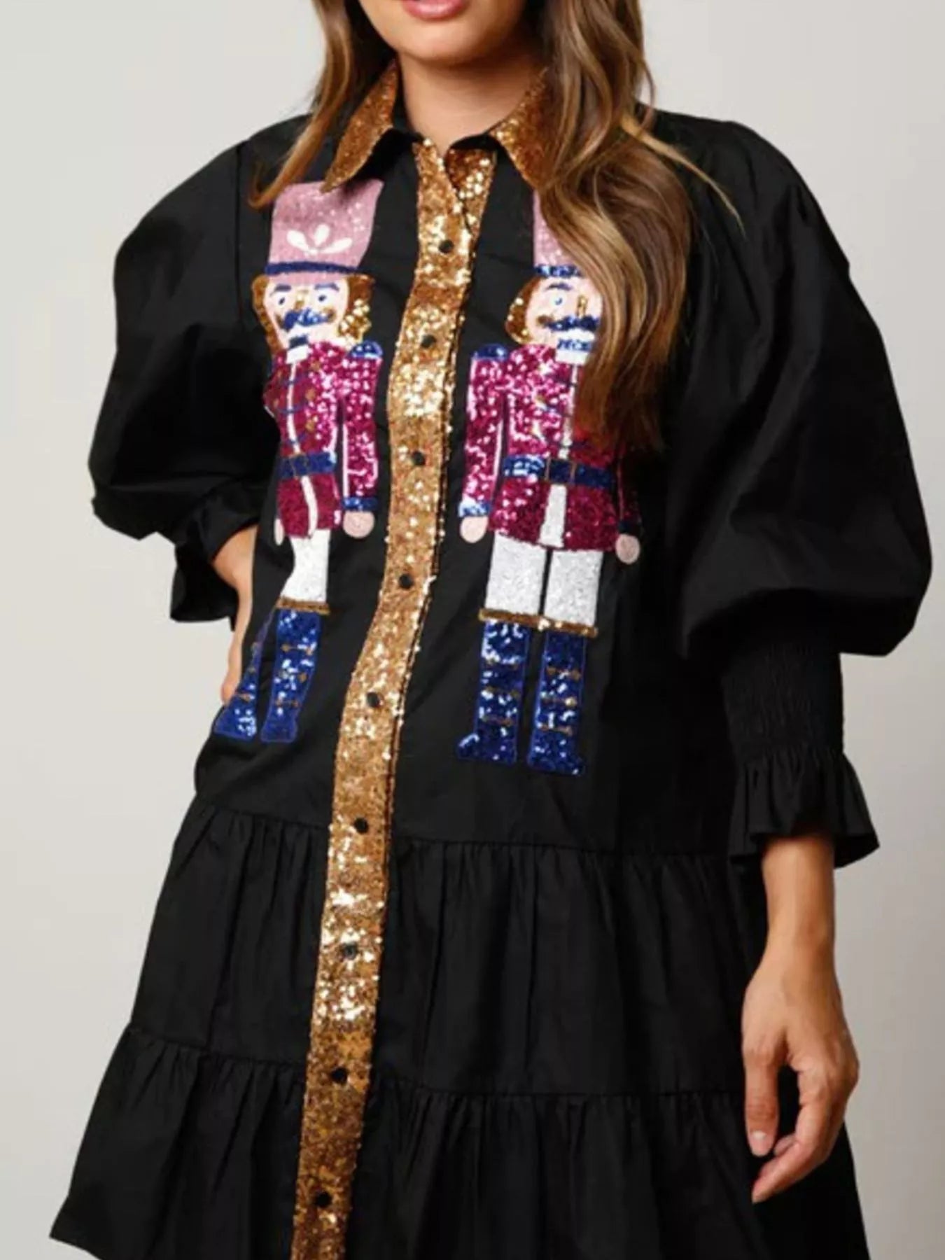 Full Size Christmas Sequin Nutcracker Tiered Shirt Dress Plus Size
