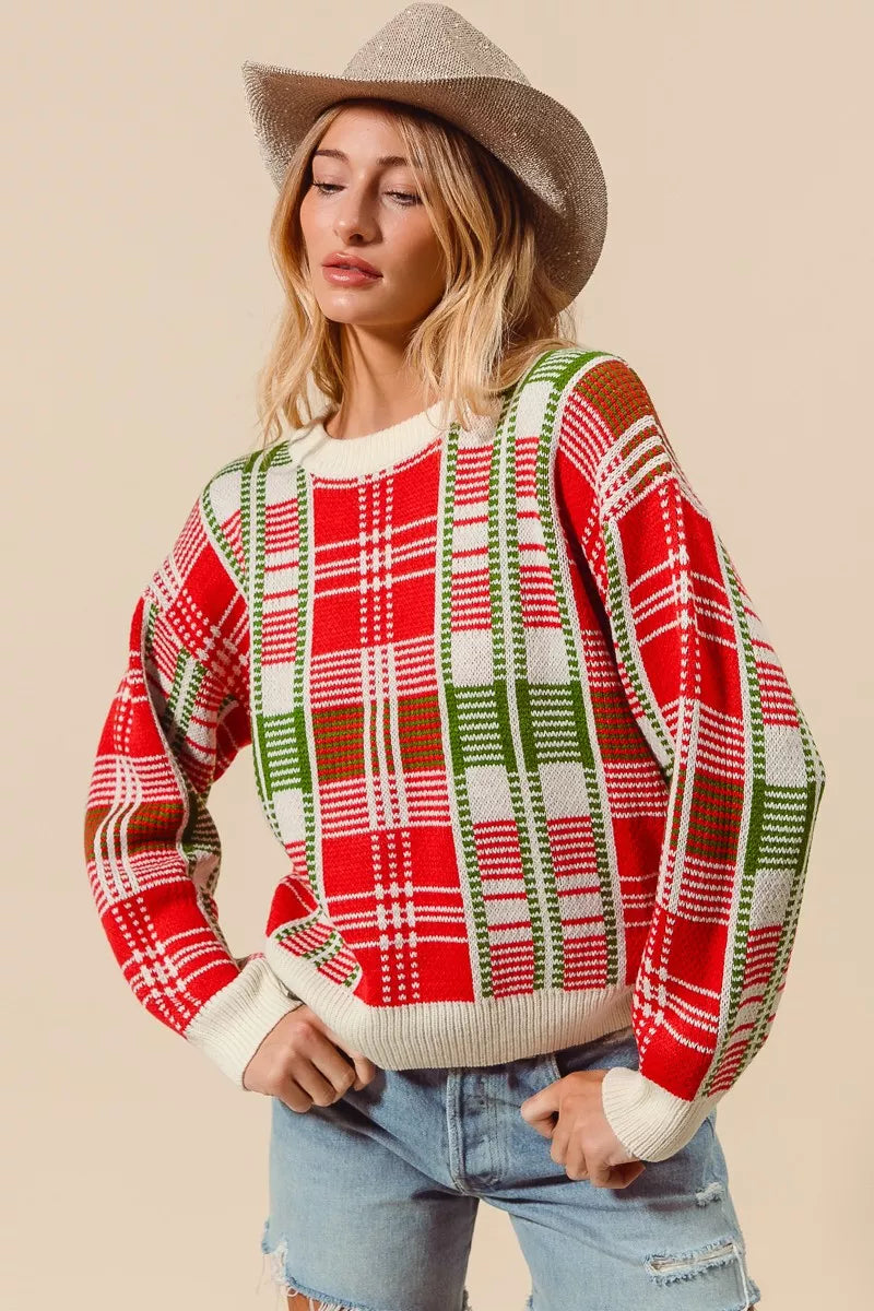 SO ME Christmas Color Checkered Plaid Crew Neck Sweater