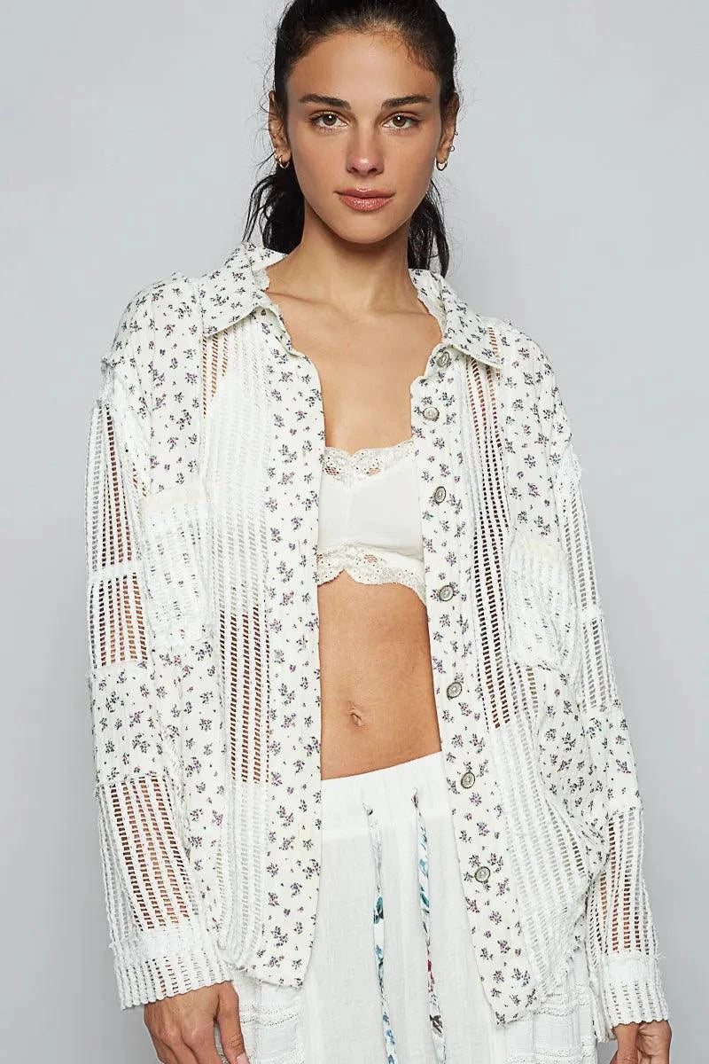 POL Floral Crochet Patchwork Long Sleeve Shirt