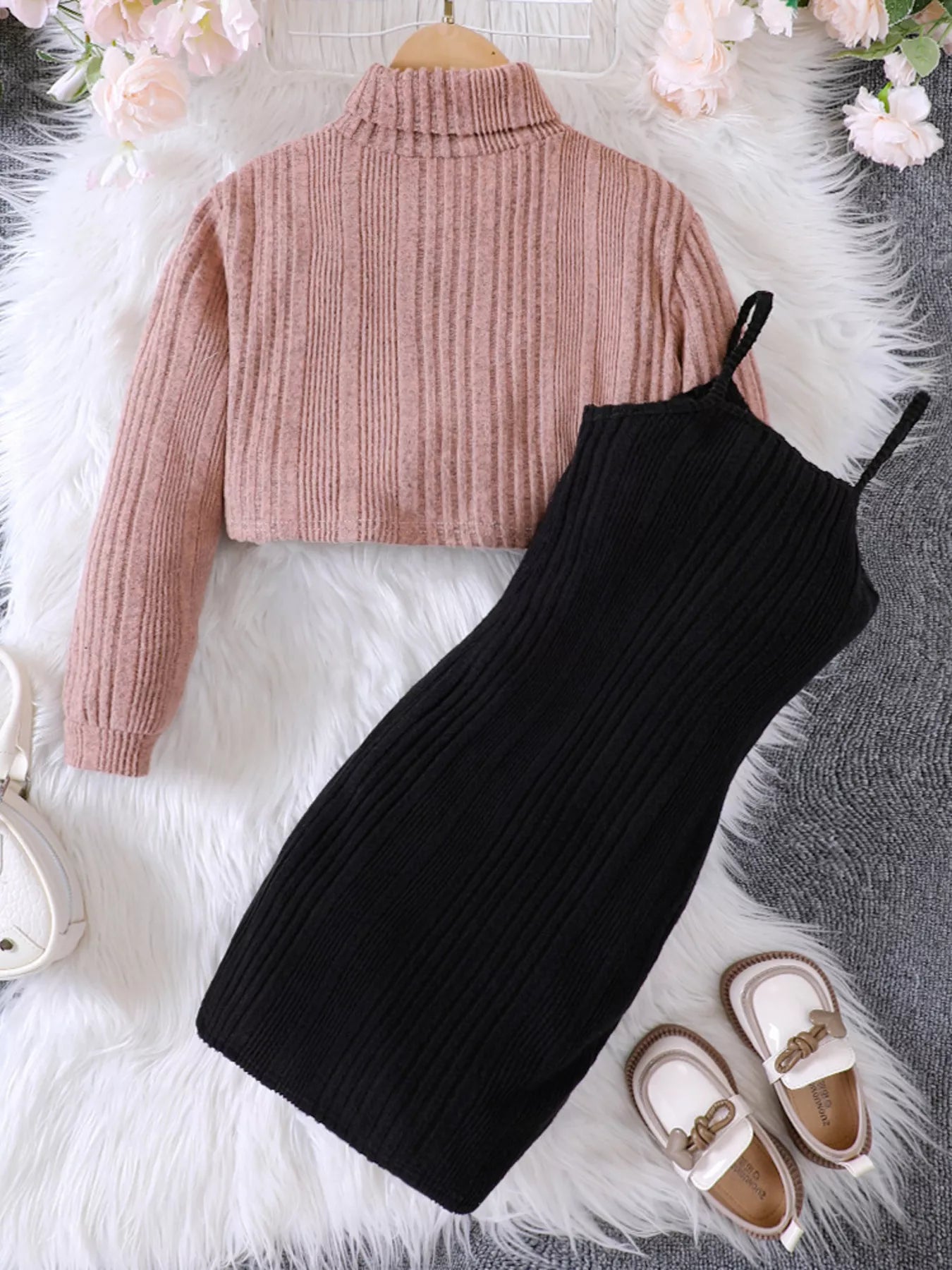 Children's Ribbed Knit Two-Tone Dress Set
