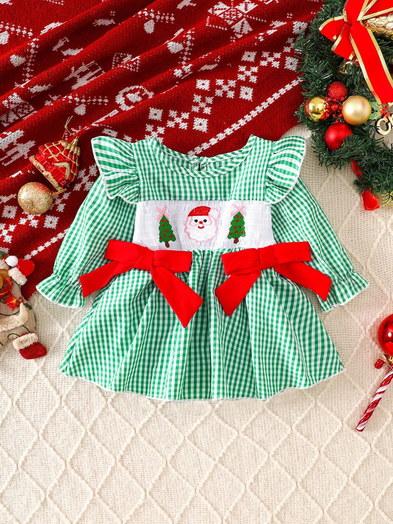Children's Christmas Santa Embroidered Gingham One-Piece Bodysuit Dress