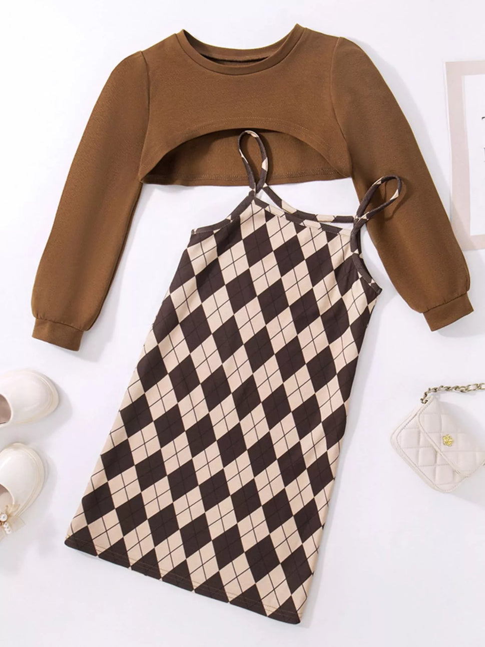 Children's Plaid Print Long Sleeve Dress Set