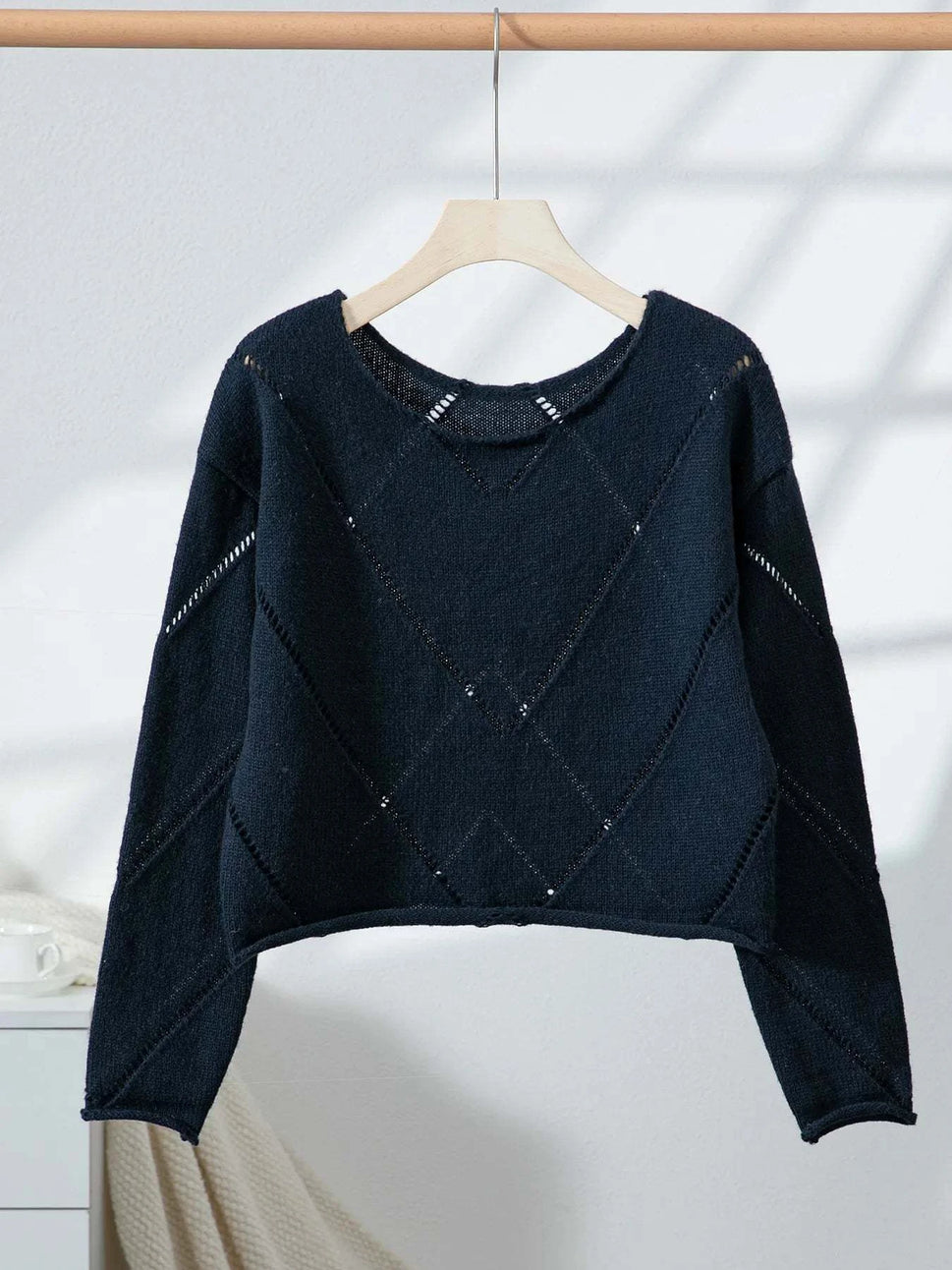Openwork Boat Neck Long Sleeve Sweater