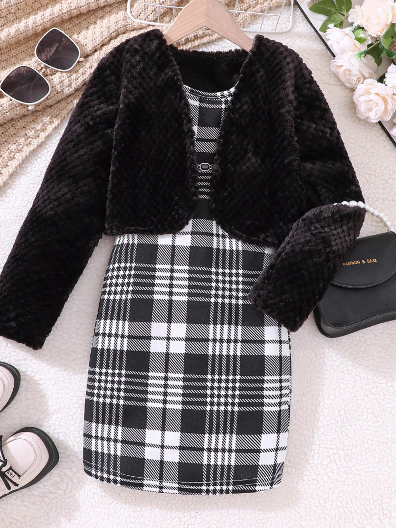 Children's Fuzzy Cardigan & Plaid Dress Set