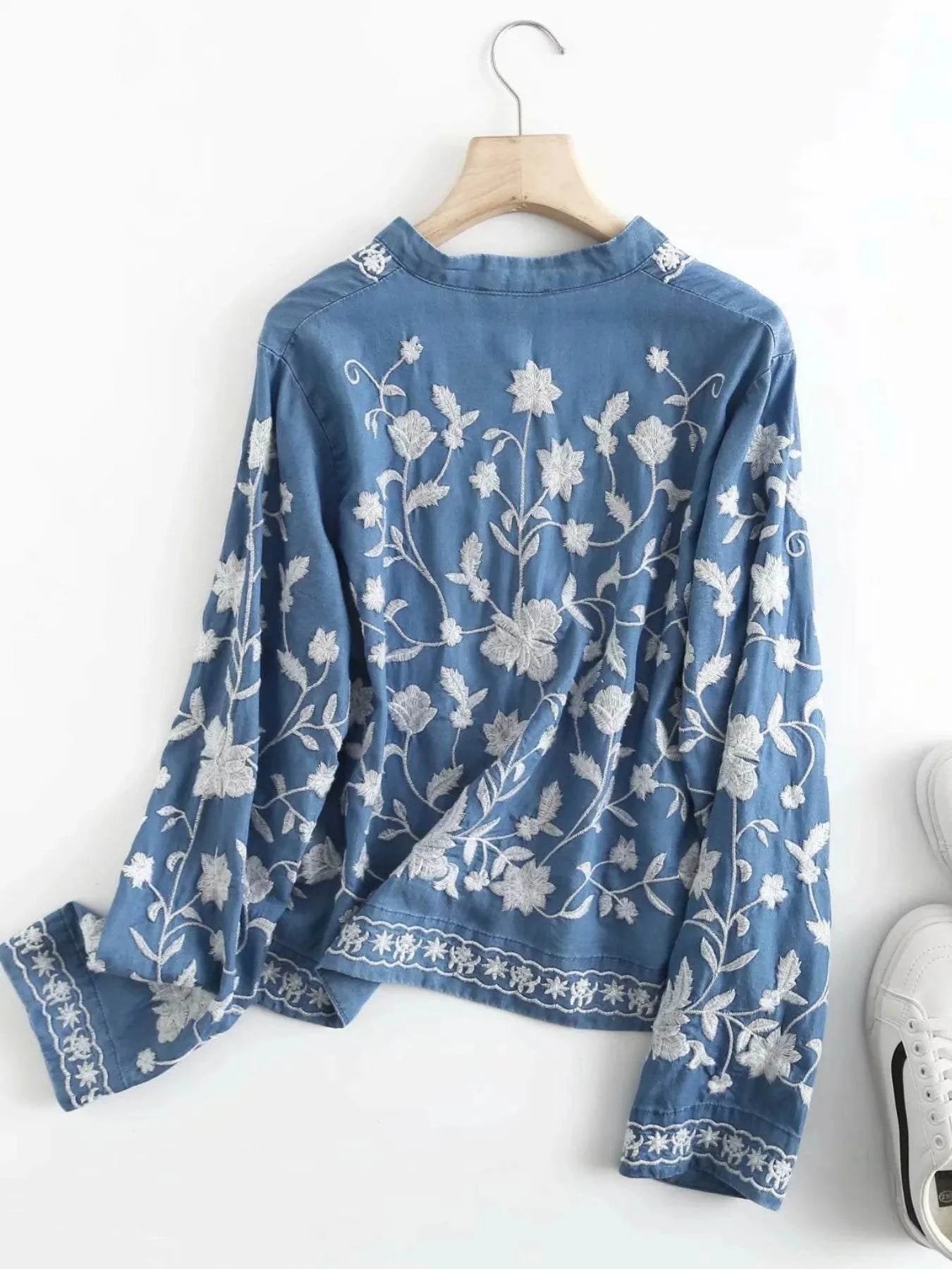 Floral Embroidered Button Up Denim Shirt