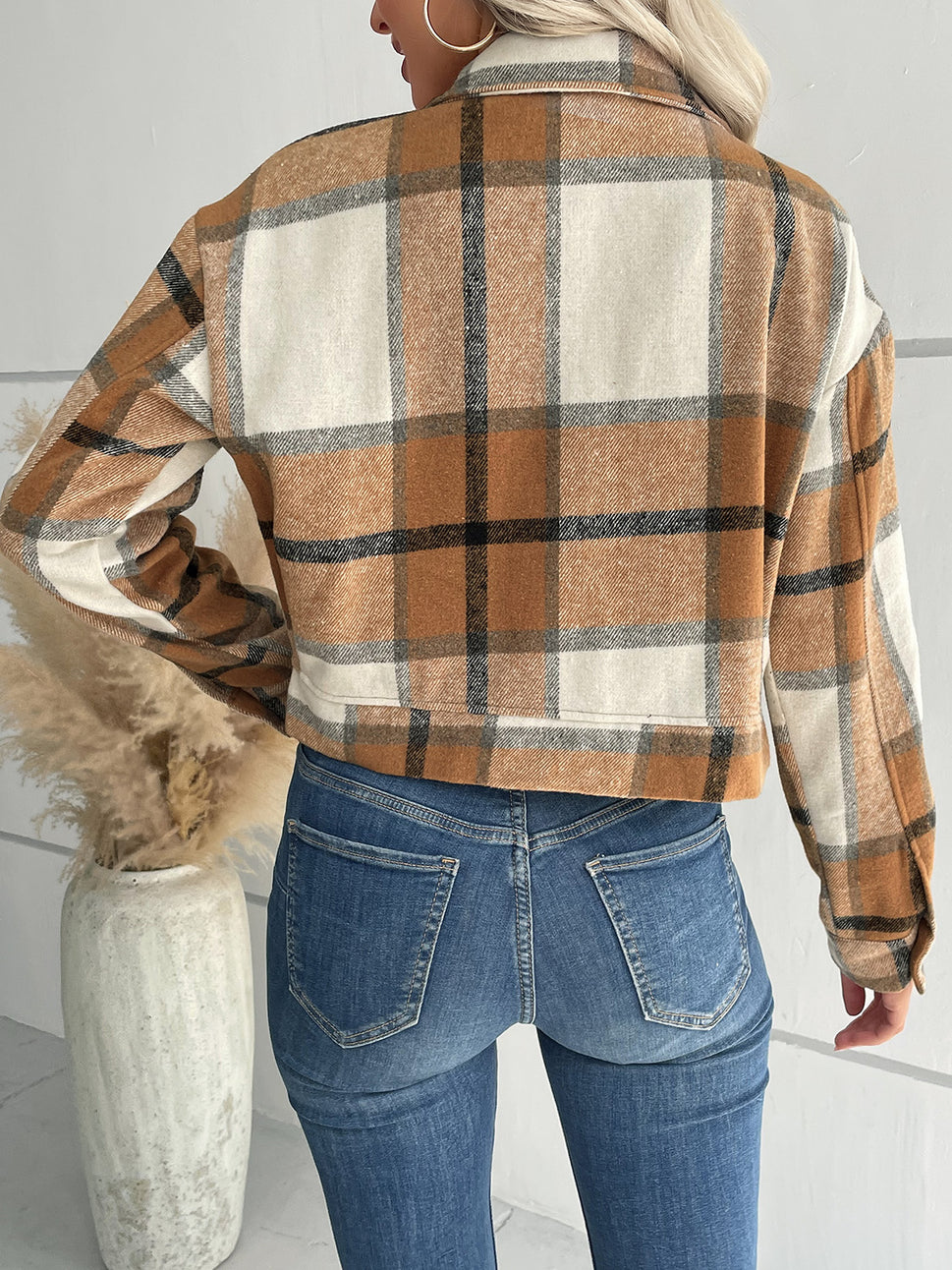 Perfee Plaid Button Up Drop Shoulder Cropped Jacket