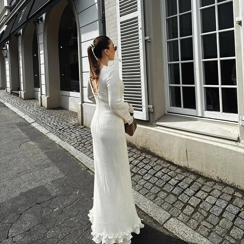 Elegant White Ruffle Pleated Long Dress