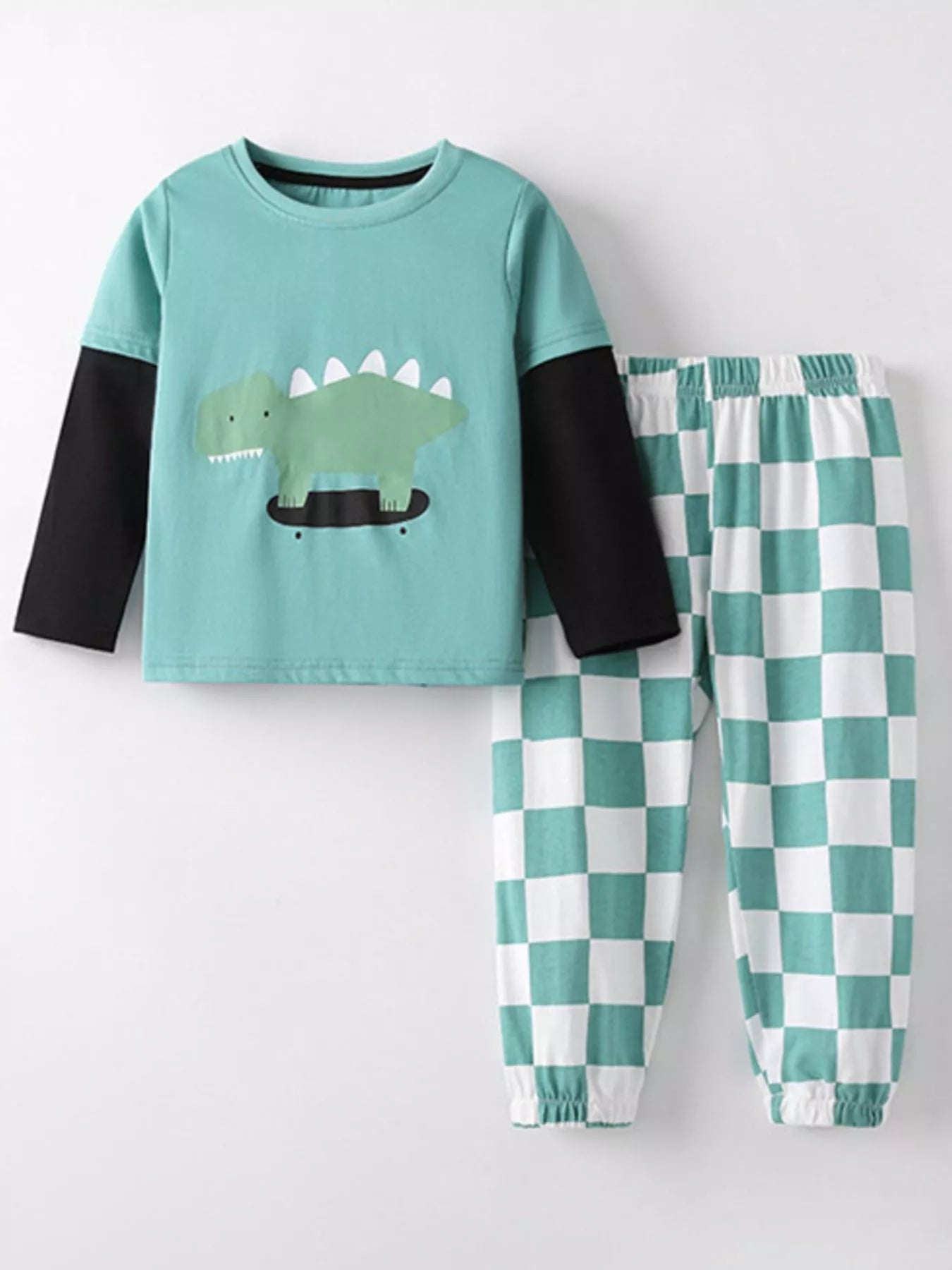 Children's Dinosaur Round Neck Top and Checkered Pants Set