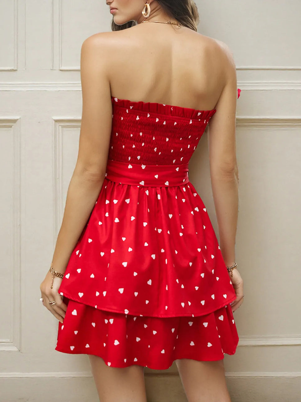 Smocked Heart Print Tube Dress
