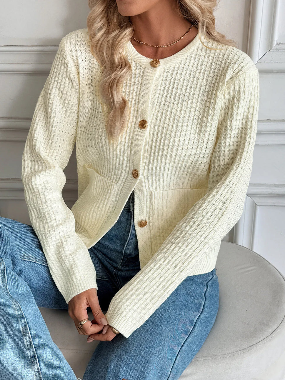 Button-Up Long Sleeve Cardigan with Pockets